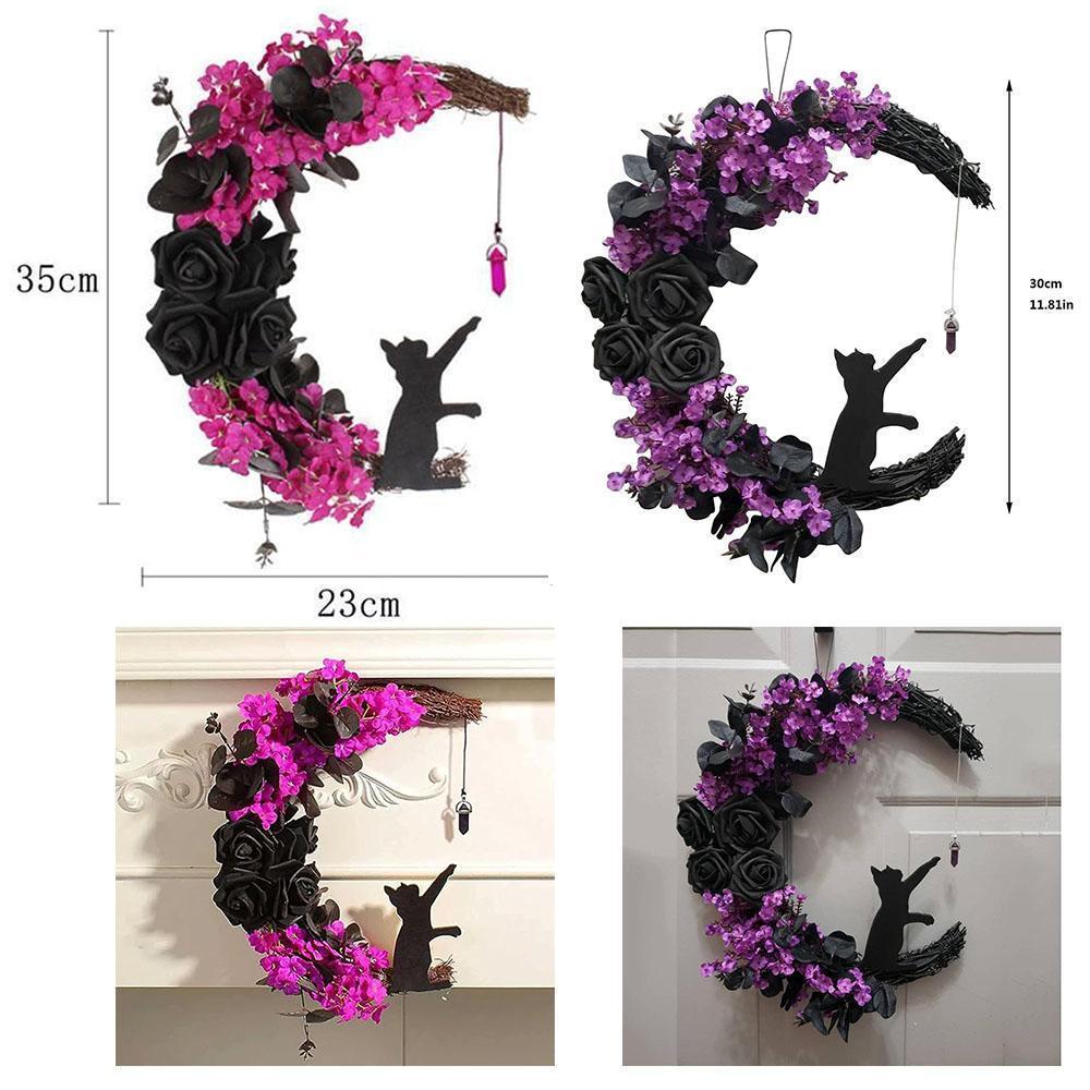 2pcs Halloween Moon Cat Garland with Rose, Black Cat Moon Wreath, Halloween Outdoor Decorations Variant Colour Value Multi - Image 2