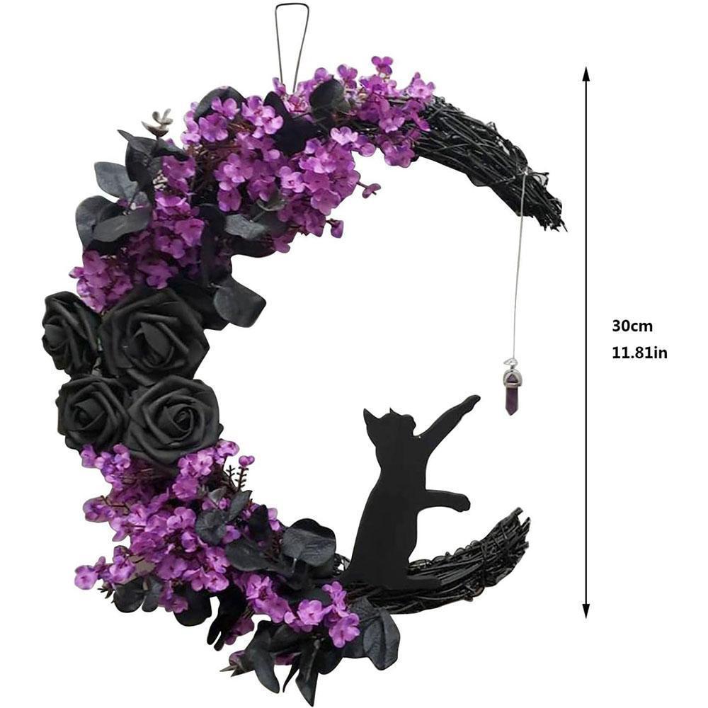 2pcs Halloween Moon Cat Garland with Rose, Black Cat Moon Wreath, Halloween Outdoor Decorations Variant Colour Value Multi - Image 3