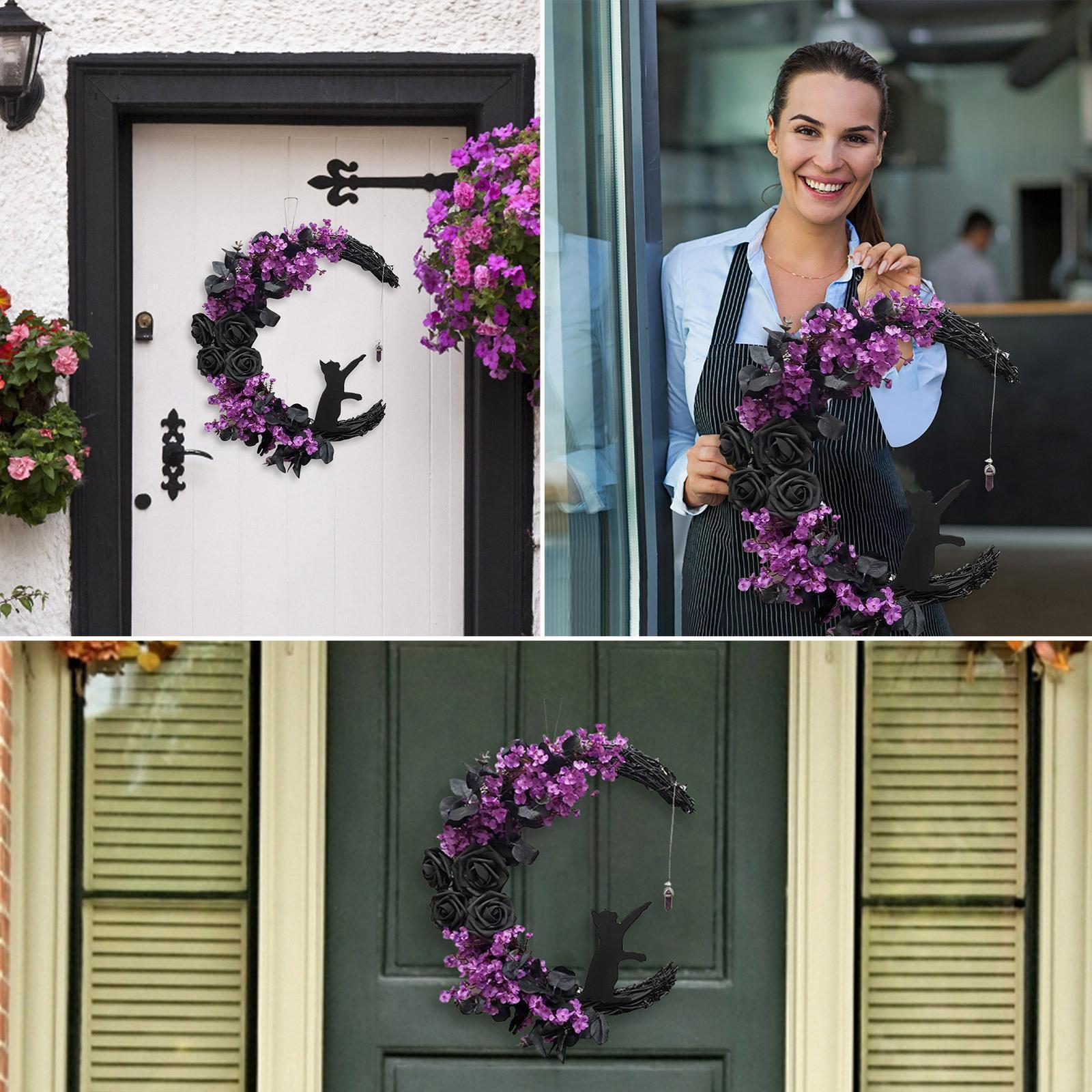 2pcs Halloween Moon Cat Garland with Rose, Black Cat Moon Wreath, Halloween Outdoor Decorations Variant Colour Value Multi - Image 4