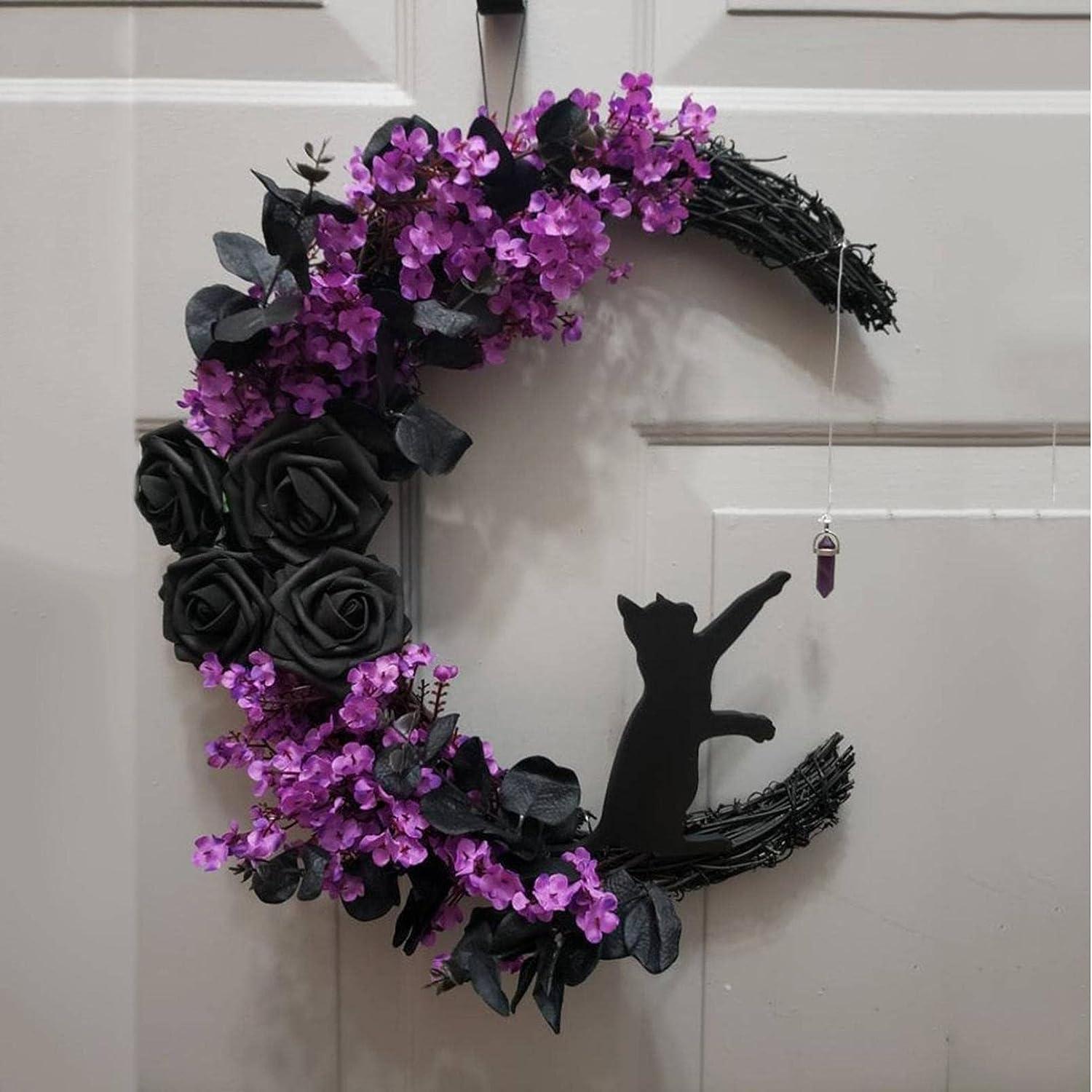 2pcs Halloween Moon Cat Garland with Rose, Black Cat Moon Wreath, Halloween Outdoor Decorations Variant Colour Value Multi - Image 6