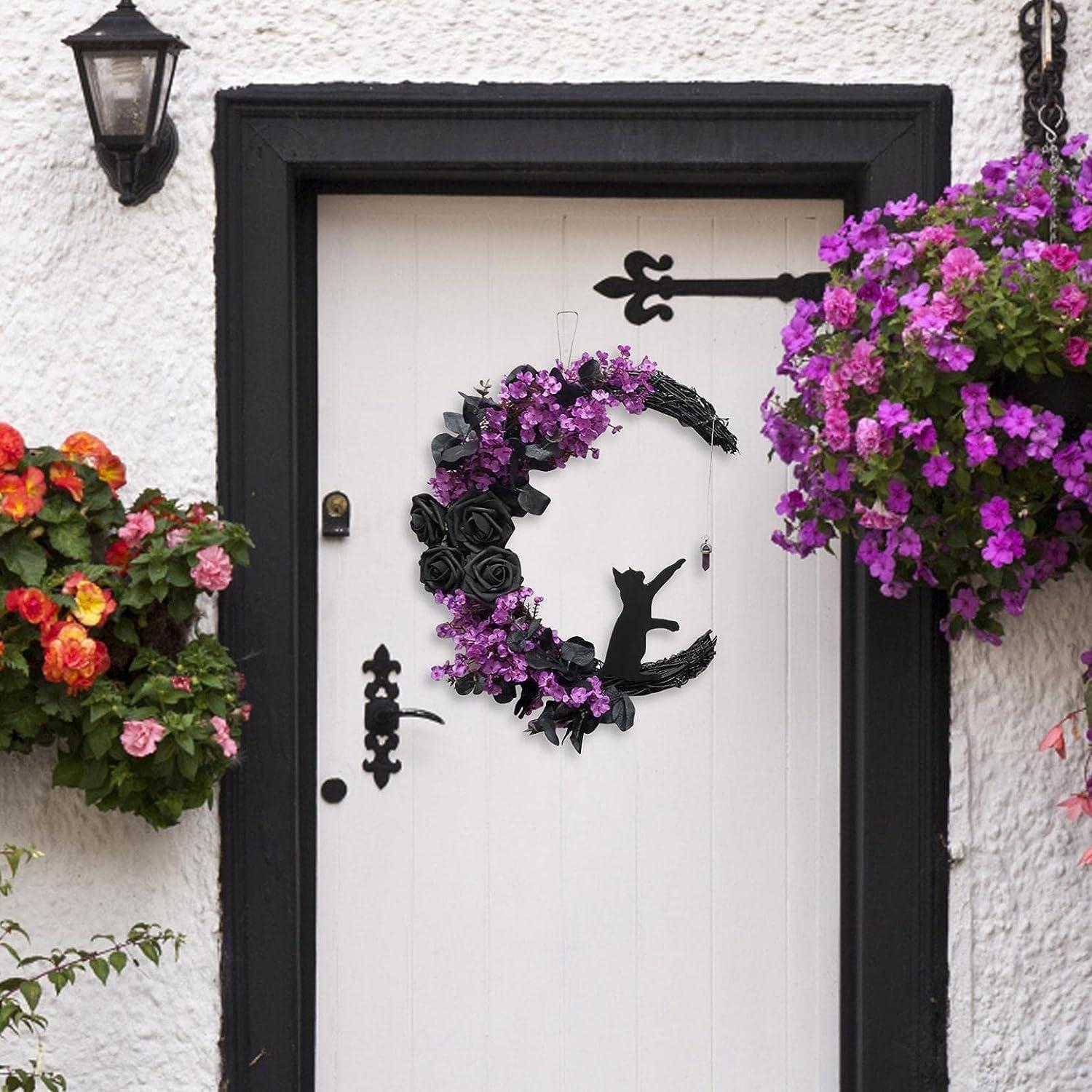 2pcs Halloween Moon Cat Garland with Rose, Black Cat Moon Wreath, Halloween Outdoor Decorations Variant Colour Value Multi - Image 7