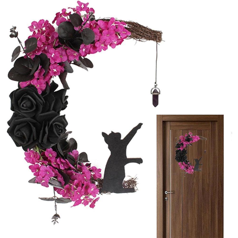 2pcs Halloween Moon Cat Garland with Rose, Black Cat Moon Wreath, Halloween Outdoor Decorations Variant Colour Value Multi - Image 8