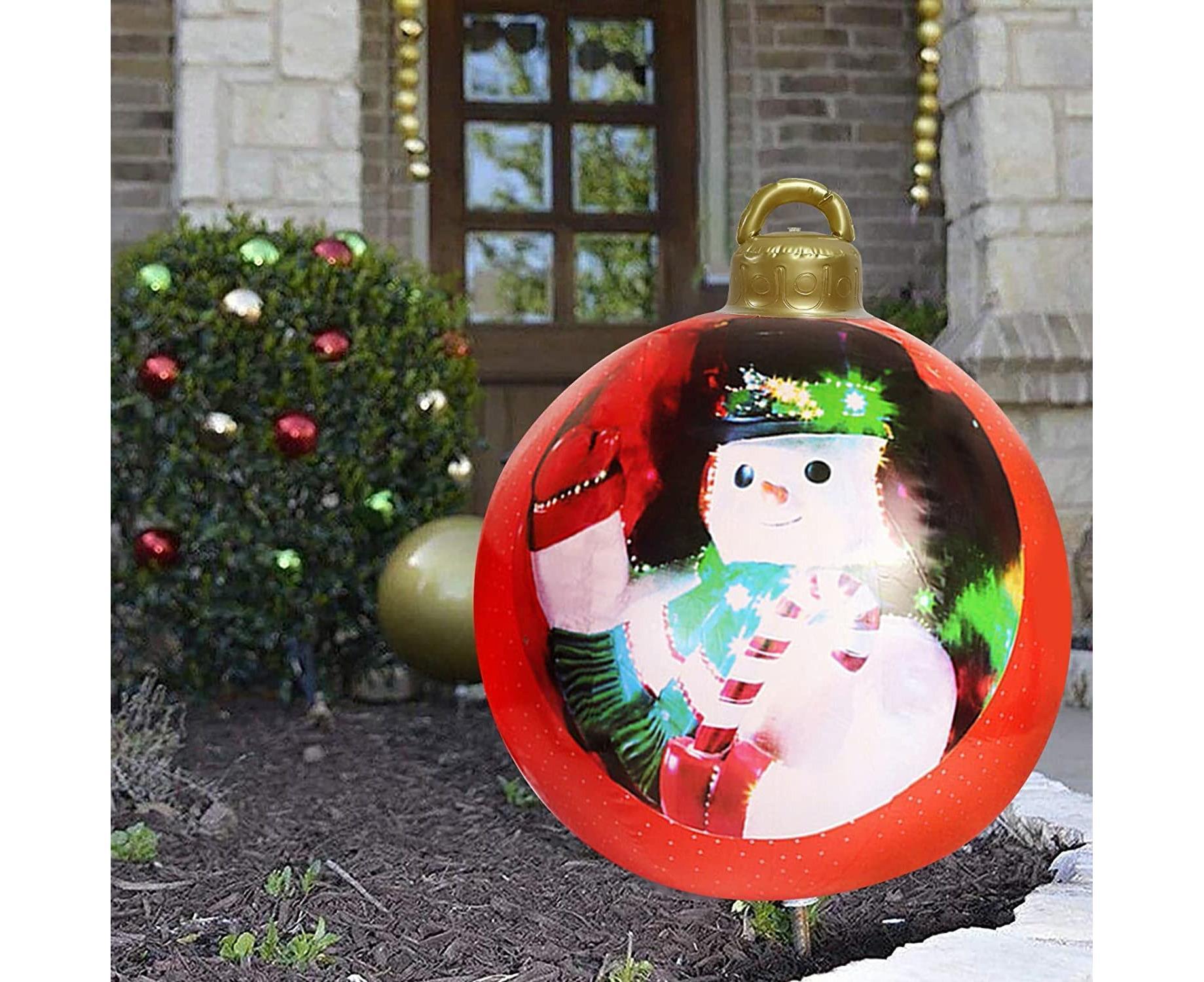 60cm Giant Inflatable Christmas Ball, PVC Decoration Ball for Outdoor, Holiday, Patio, Porch (Red Stripes) - Image 1