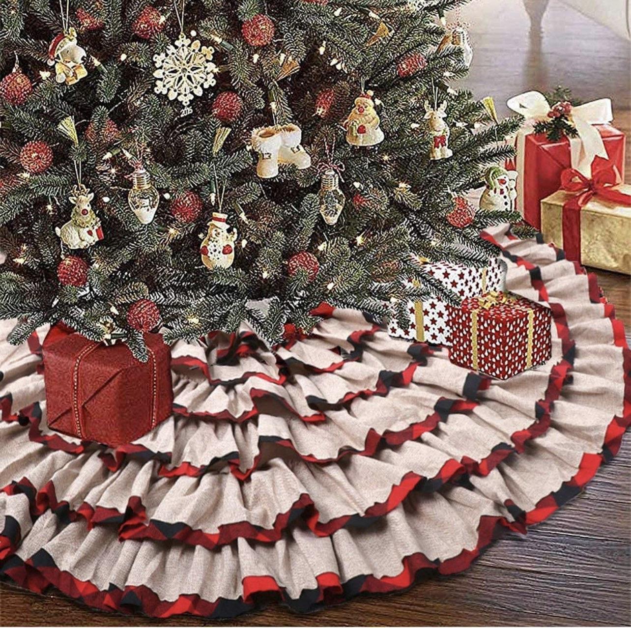 Plaid Christmas Tree Skirt 48 Inch, 6 Layers Red and Black Ruffled Christmas Tree Skirt - Image 1