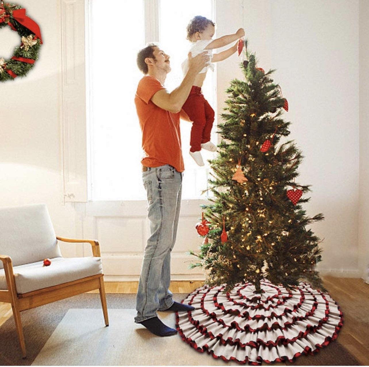 Plaid Christmas Tree Skirt 48 Inch, 6 Layers Red and Black Ruffled Christmas Tree Skirt - Image 5