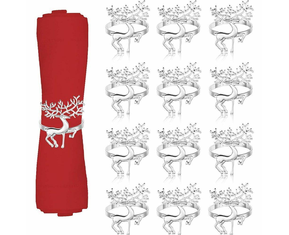 12Pcs Christmas Deer Napkin Rings Set, Glossy Elk Napkin Holder, Chic Reindeer Napkin Buckle,Xmas Dining Table Decor Supplies (Silver) - Image 1