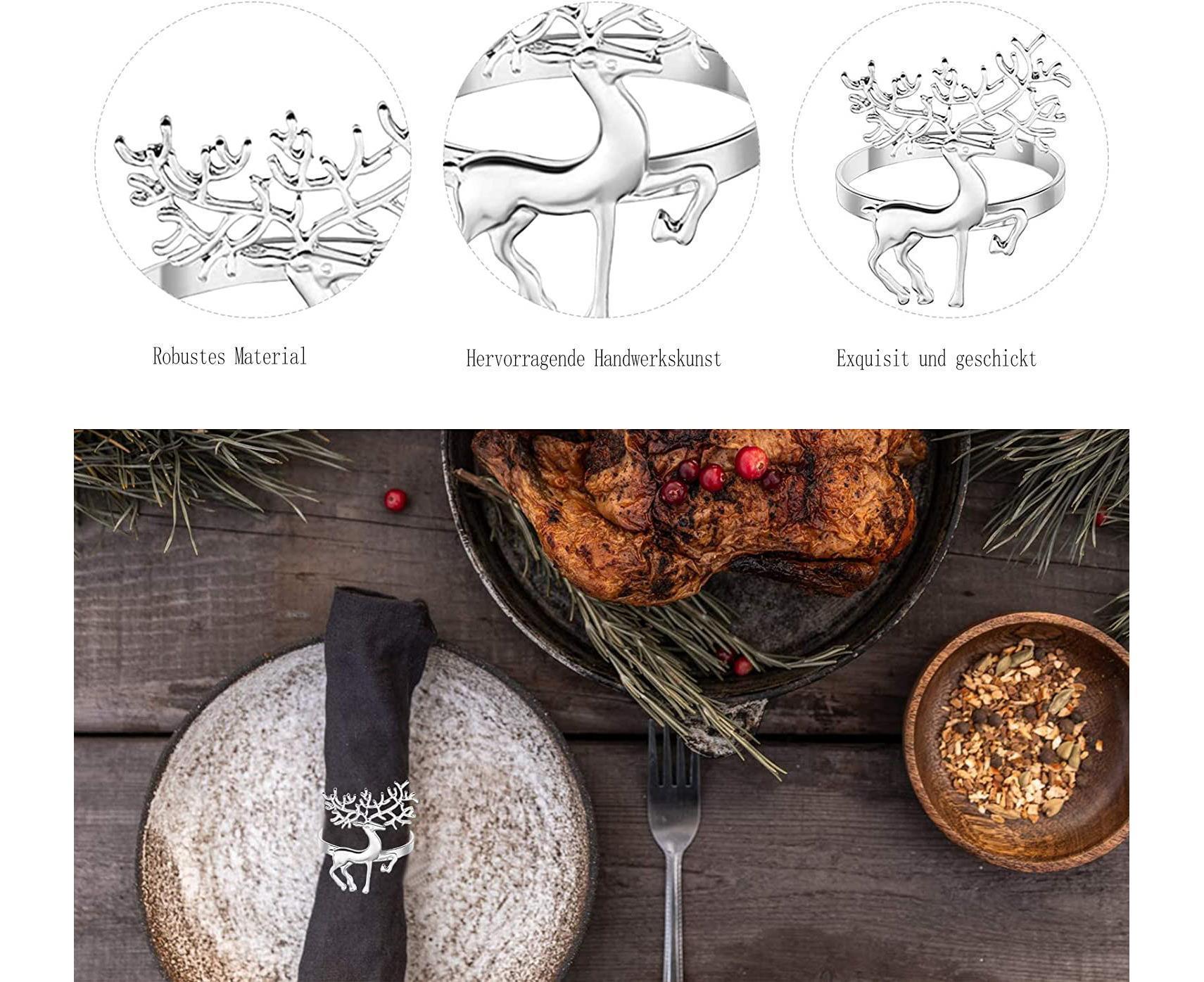 12Pcs Christmas Deer Napkin Rings Set, Glossy Elk Napkin Holder, Chic Reindeer Napkin Buckle,Xmas Dining Table Decor Supplies (Silver) - Image 7