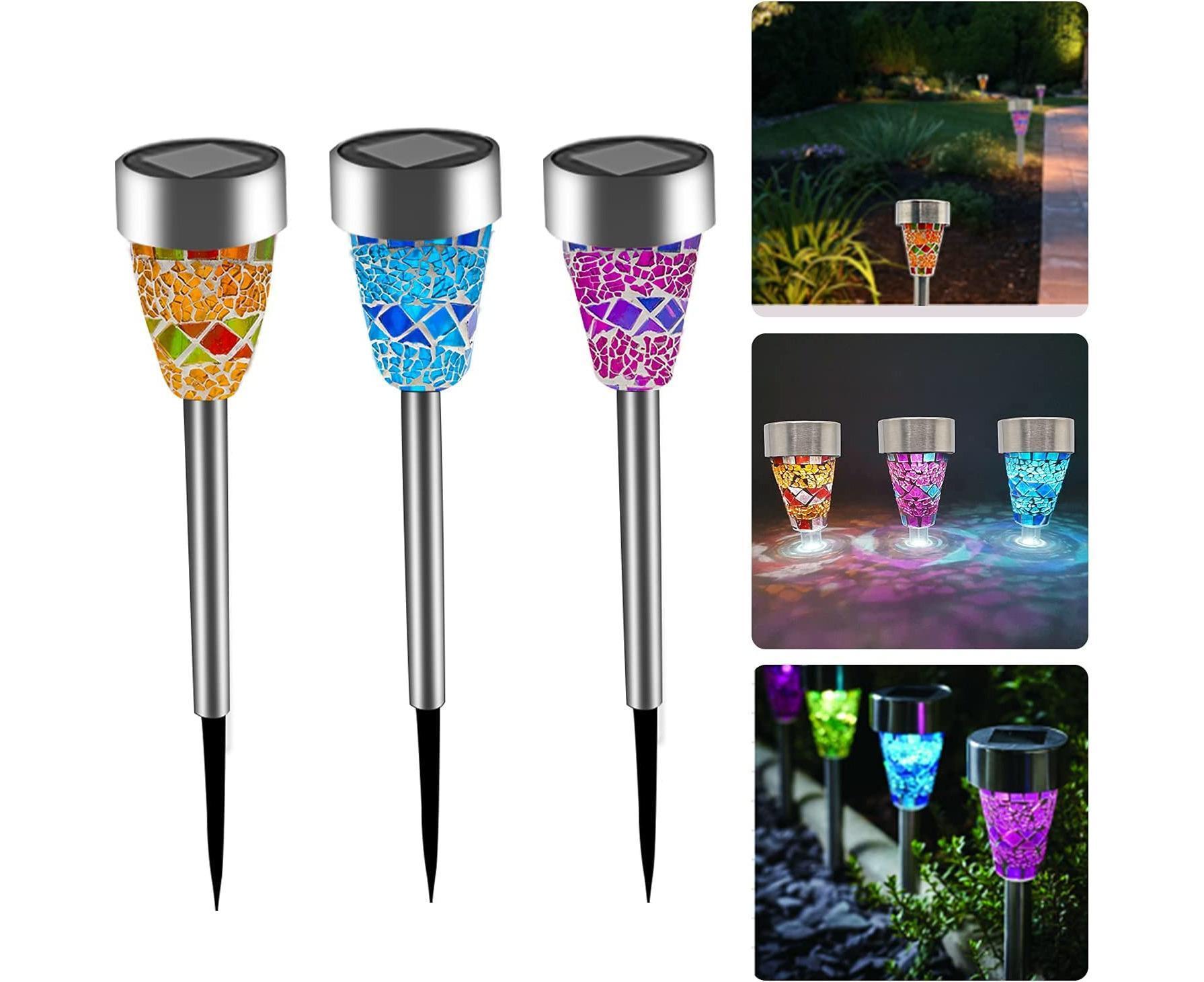 3pcs Solar Lights Outdoor Pathway Garden Cracked Stained Glasses Pathway Lights Mosaic Glass Landscape Lights Mix 3 Color LED Solar Waterproof Lights - Image 1