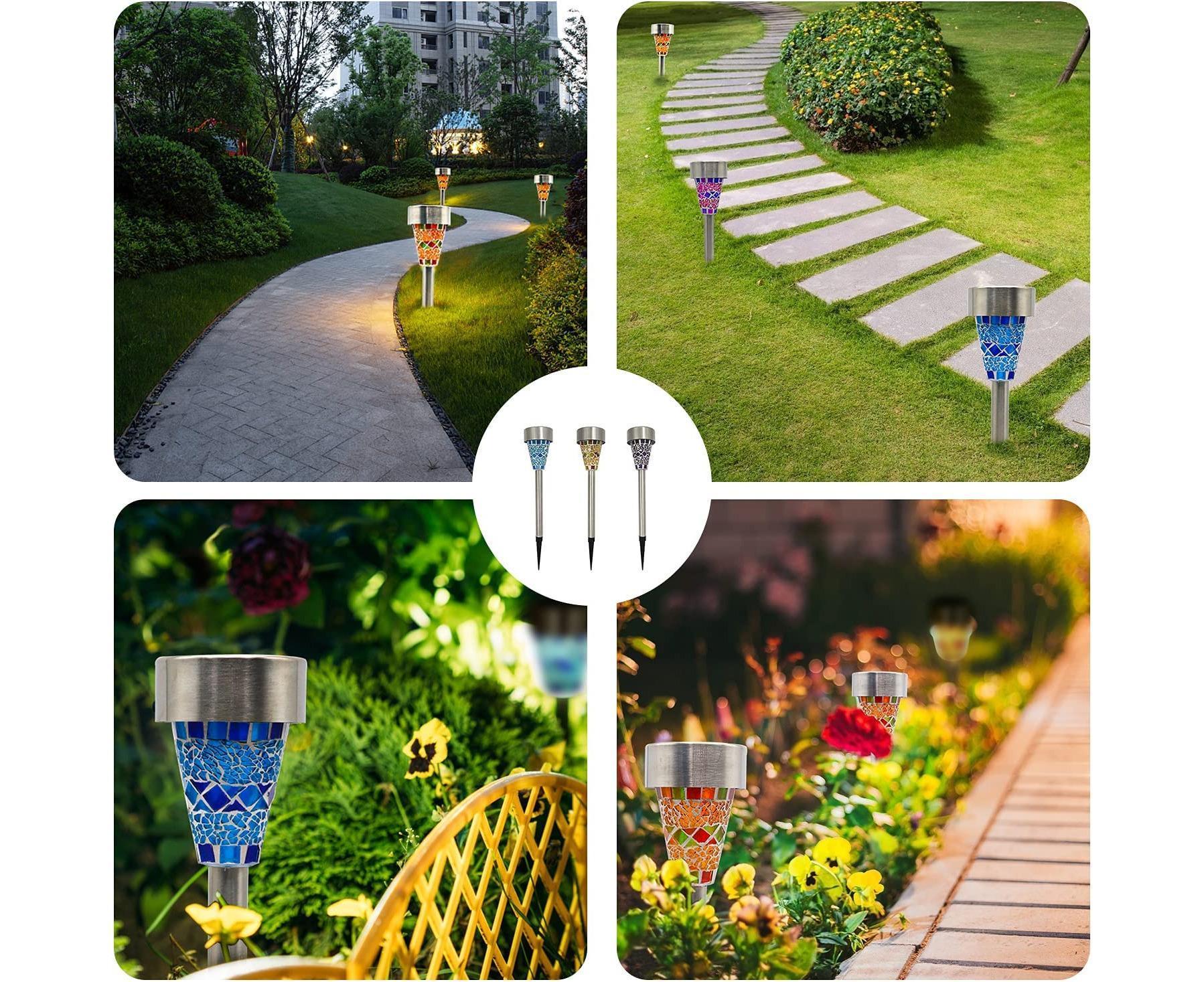 3pcs Solar Lights Outdoor Pathway Garden Cracked Stained Glasses Pathway Lights Mosaic Glass Landscape Lights Mix 3 Color LED Solar Waterproof Lights - Image 5