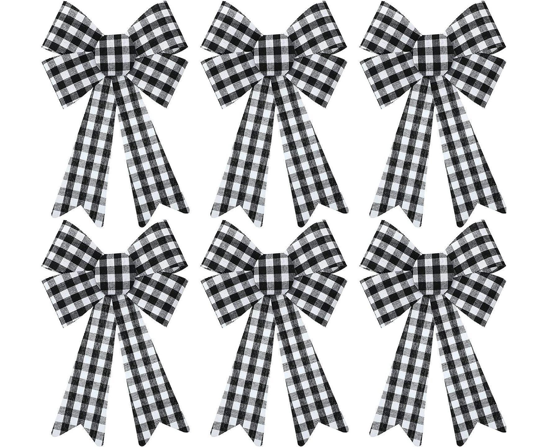 6 Pieces Large Christmas Wreath Bow Plaid Christmas Bow PVC Plastic Xmas Plaid Check Wrapping Bow for Christmas Indoor Outdoor Decorations - Black and White - Image 1