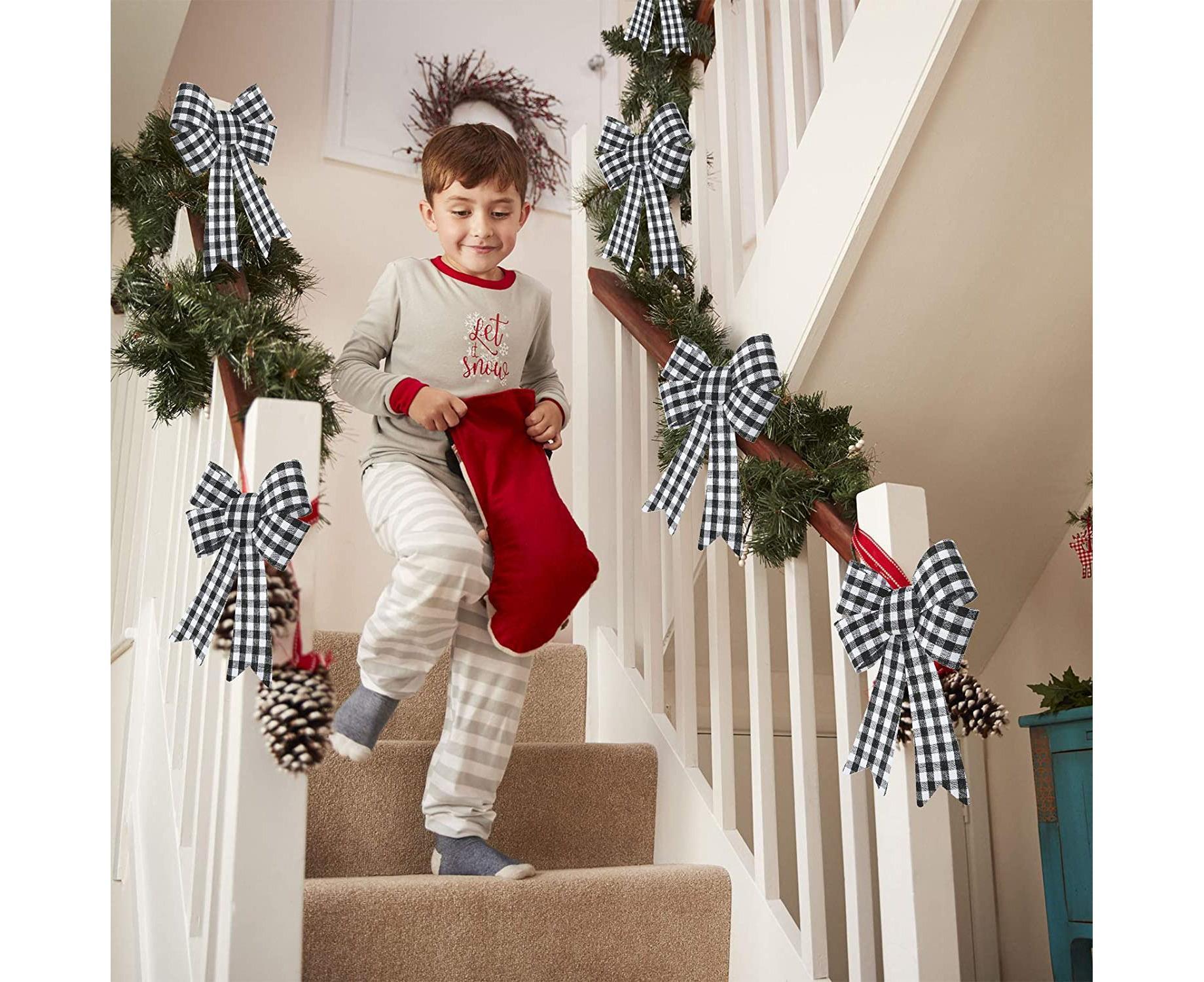 6 Pieces Large Christmas Wreath Bow Plaid Christmas Bow PVC Plastic Xmas Plaid Check Wrapping Bow for Christmas Indoor Outdoor Decorations - Black and White - Image 2