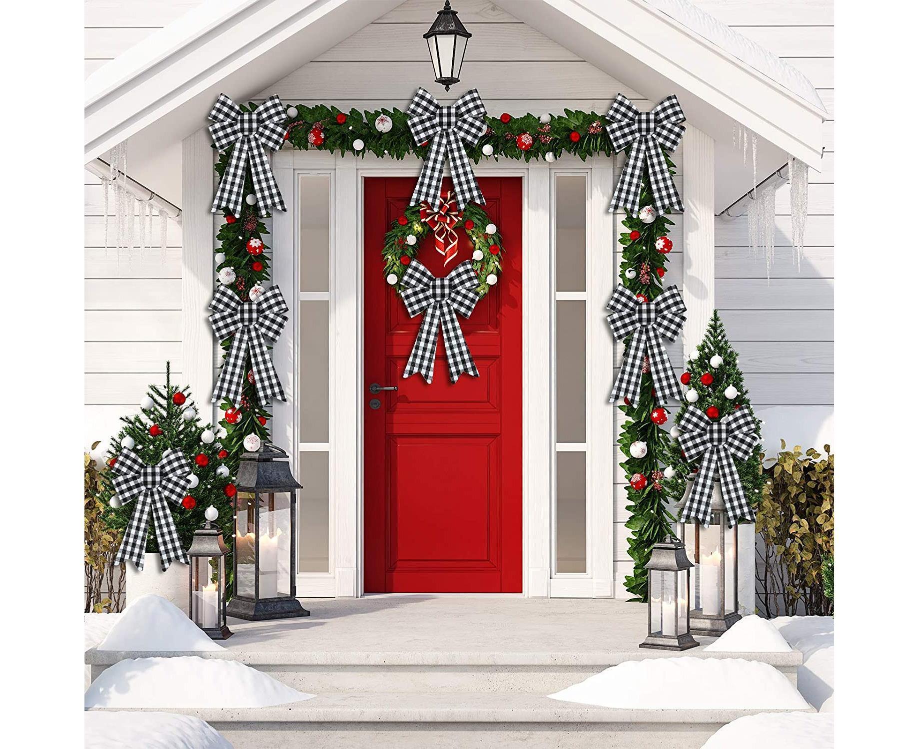 6 Pieces Large Christmas Wreath Bow Plaid Christmas Bow PVC Plastic Xmas Plaid Check Wrapping Bow for Christmas Indoor Outdoor Decorations - Black and White - Image 3