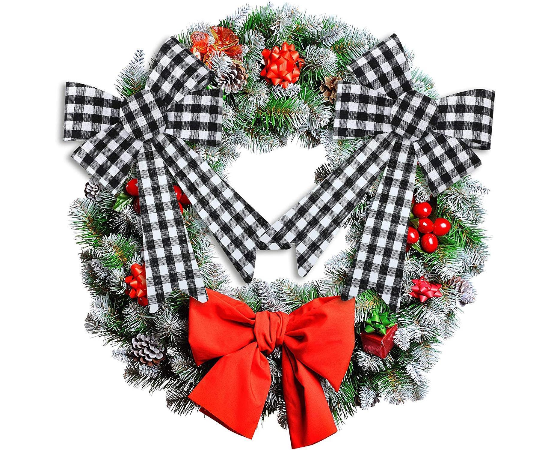 6 Pieces Large Christmas Wreath Bow Plaid Christmas Bow PVC Plastic Xmas Plaid Check Wrapping Bow for Christmas Indoor Outdoor Decorations - Black and White - Image 4
