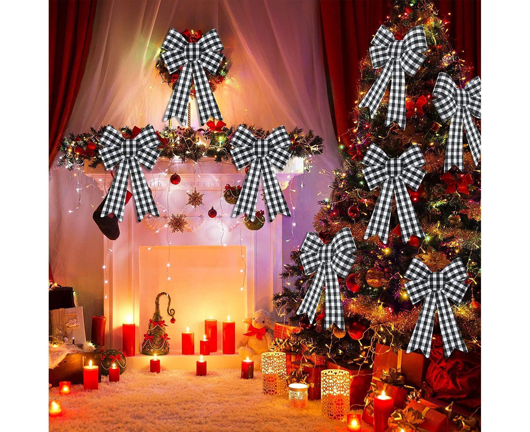 6 Pieces Large Christmas Wreath Bow Plaid Christmas Bow PVC Plastic Xmas Plaid Check Wrapping Bow for Christmas Indoor Outdoor Decorations - Black and White - Image 5