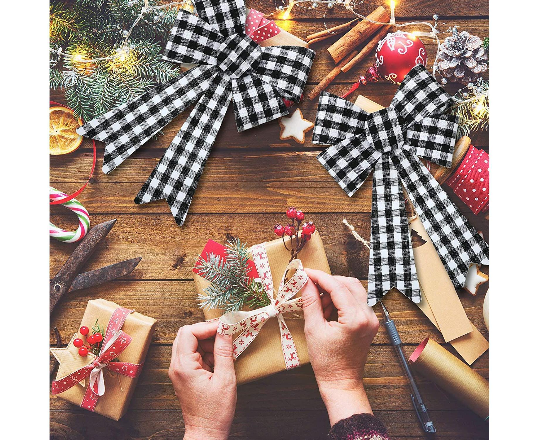 6 Pieces Large Christmas Wreath Bow Plaid Christmas Bow PVC Plastic Xmas Plaid Check Wrapping Bow for Christmas Indoor Outdoor Decorations - Black and White - Image 6