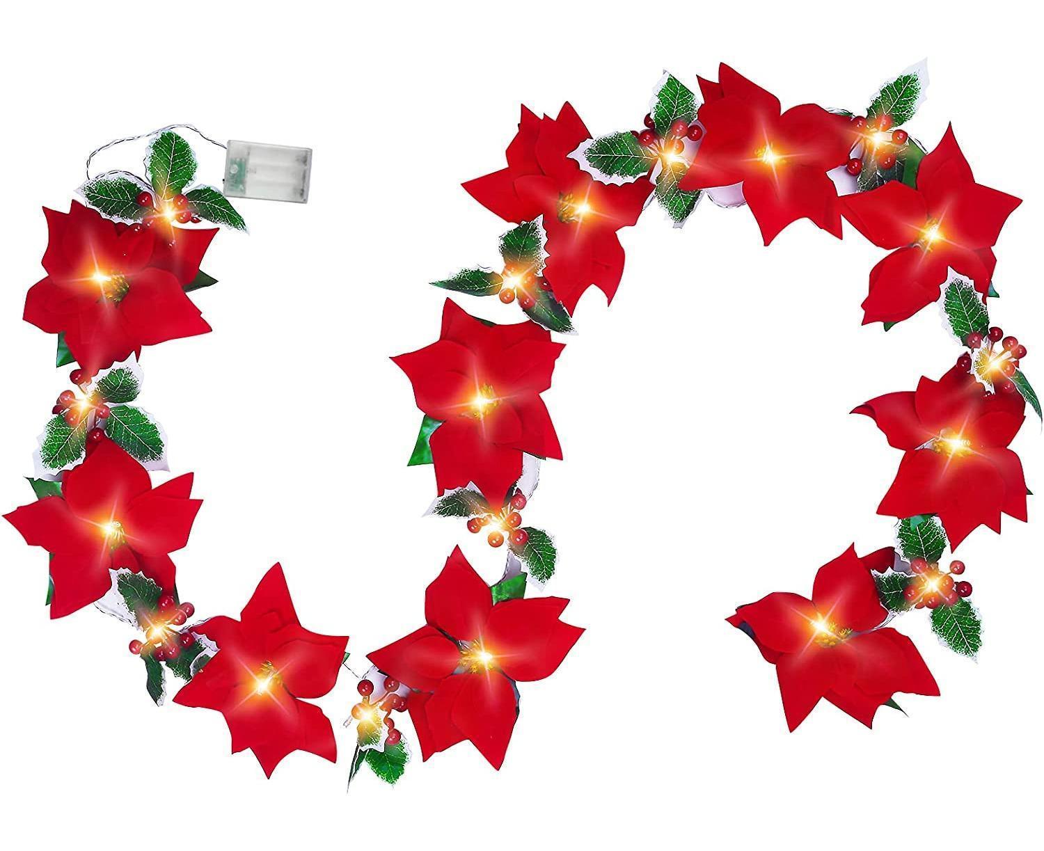 9.8Ft Lighted Poinsettia Christmas Garland String Lights with Red Berries and Holly Leaves, Pre-Lit Velvet Artificial Poinsettia Garland for Decoration - Image 1