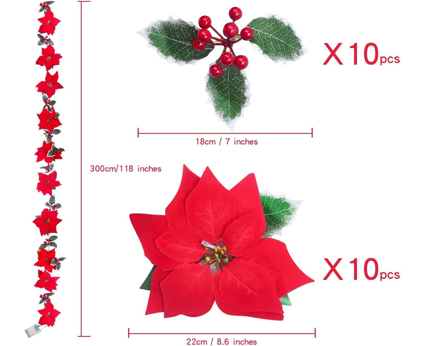 9.8Ft Lighted Poinsettia Christmas Garland String Lights with Red Berries and Holly Leaves, Pre-Lit Velvet Artificial Poinsettia Garland for Decoration - Image 2