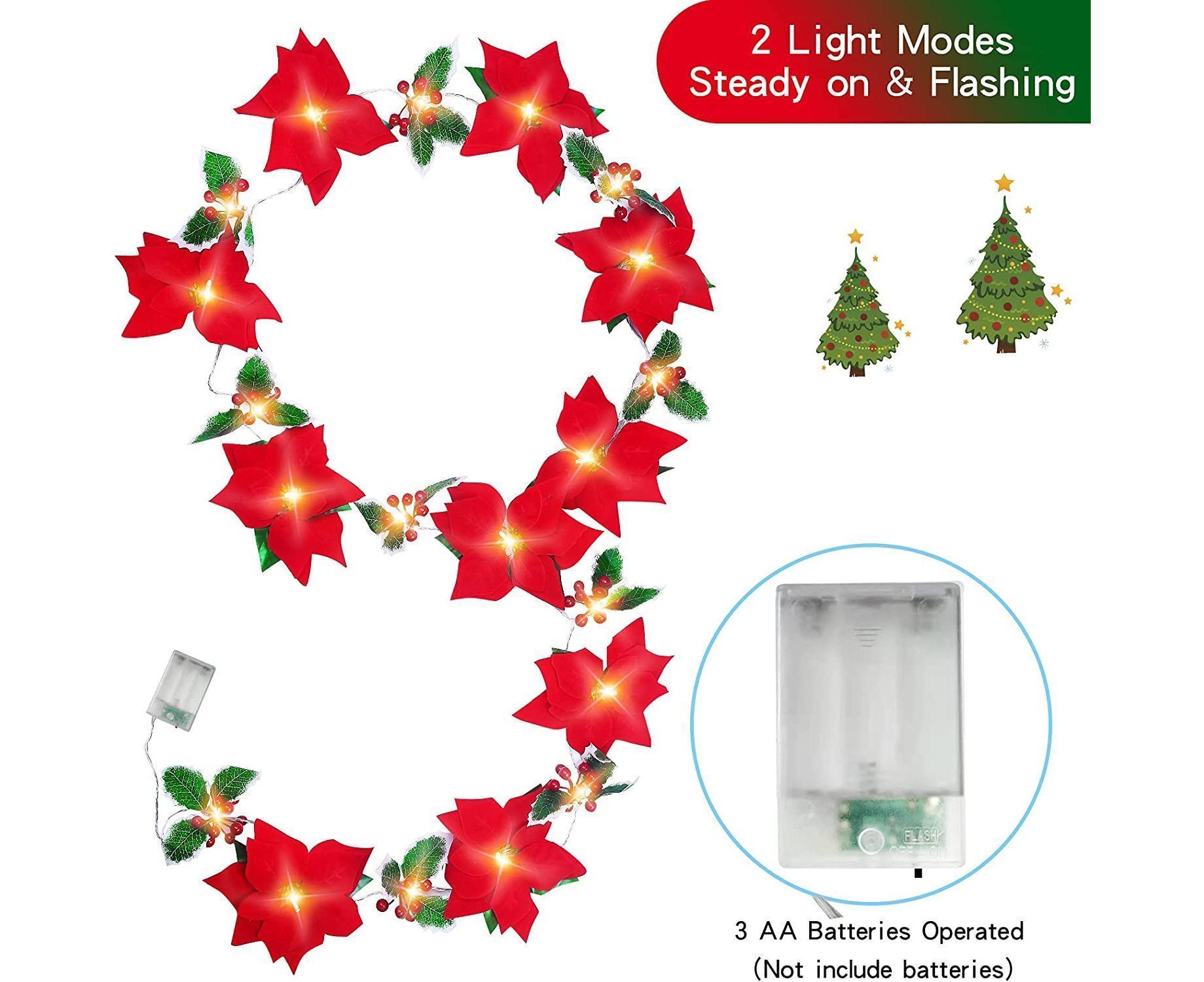 9.8Ft Lighted Poinsettia Christmas Garland String Lights with Red Berries and Holly Leaves, Pre-Lit Velvet Artificial Poinsettia Garland for Decoration - Image 3