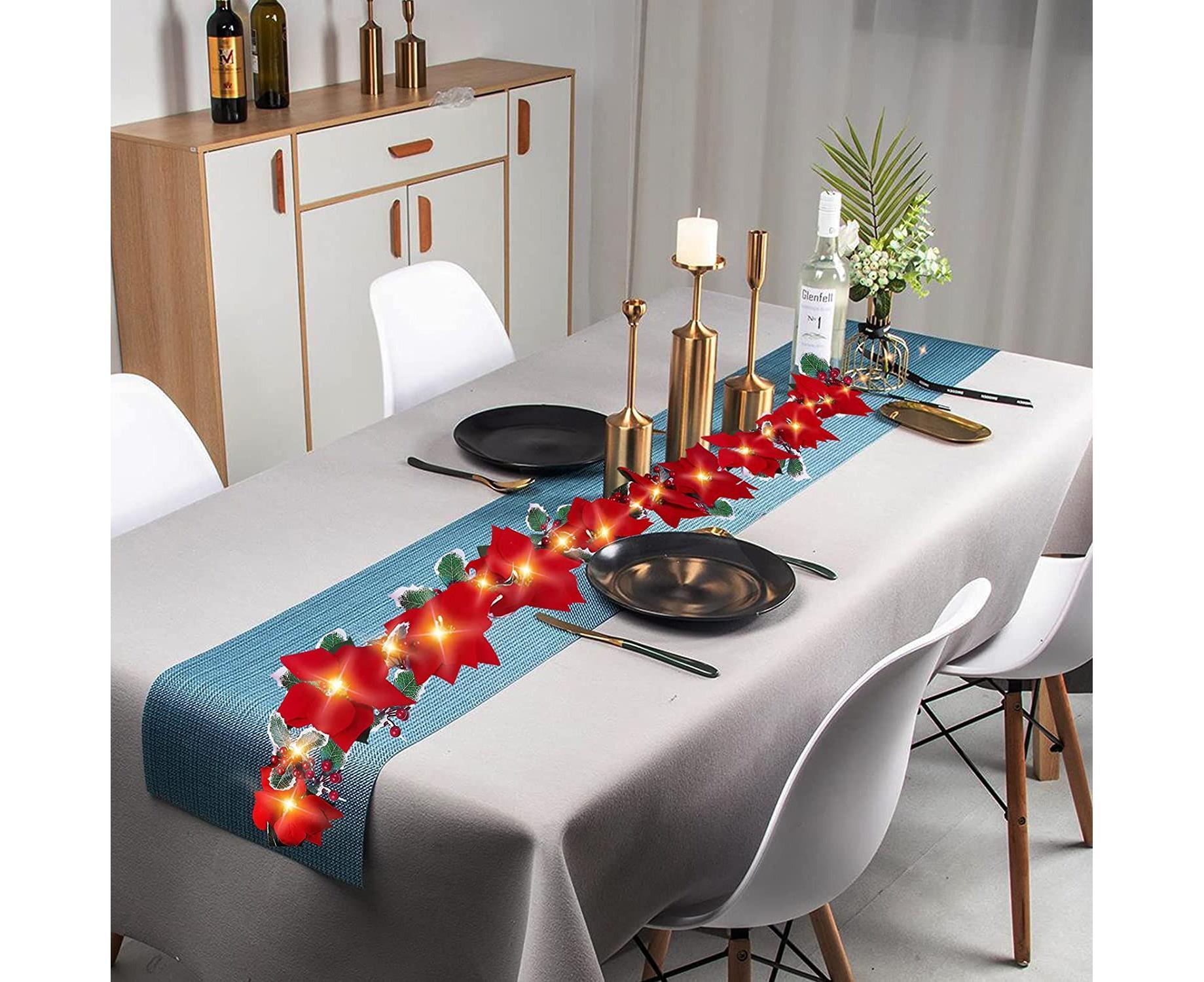 9.8Ft Lighted Poinsettia Christmas Garland String Lights with Red Berries and Holly Leaves, Pre-Lit Velvet Artificial Poinsettia Garland for Decoration - Image 4