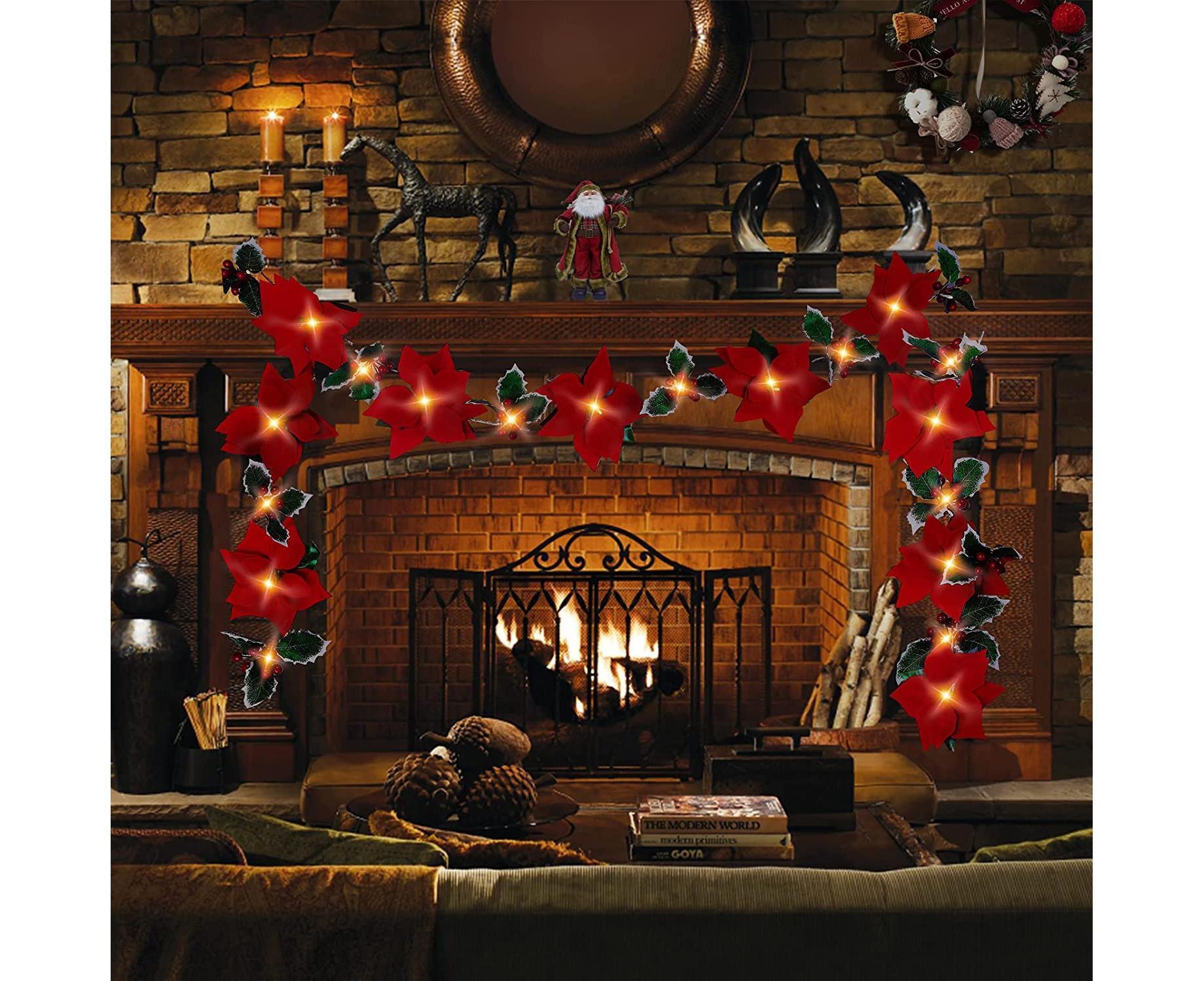 9.8Ft Lighted Poinsettia Christmas Garland String Lights with Red Berries and Holly Leaves, Pre-Lit Velvet Artificial Poinsettia Garland for Decoration - Image 5