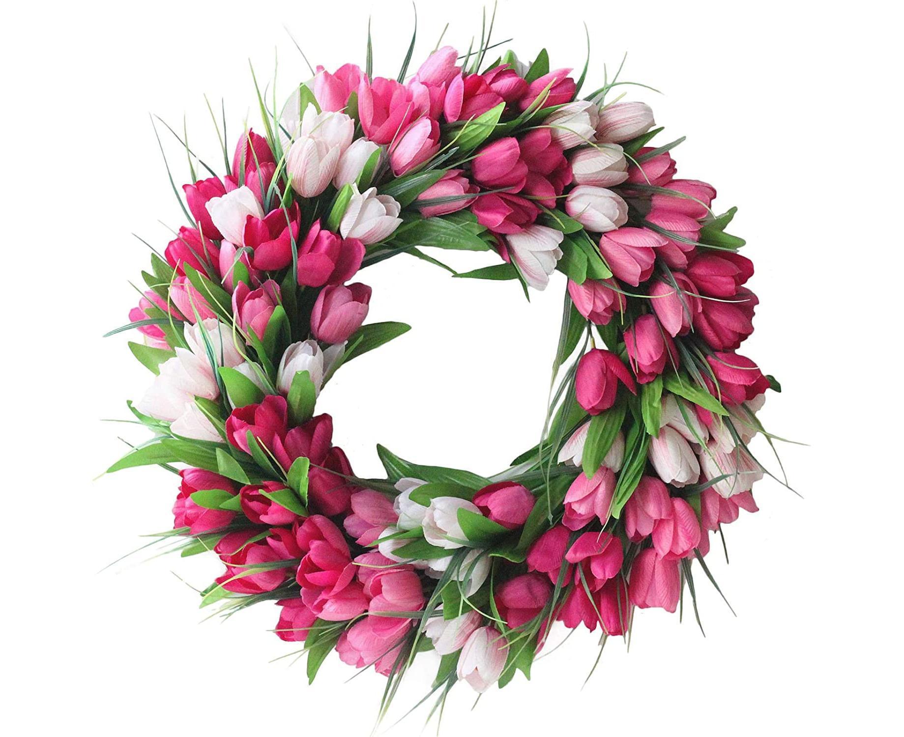 Artificial Tulip Flower Wreaths for Front Door Farmhouse Pink Wreath Spring Flower Branch Door Wreath for Outdoor Indoor Wall - Image 1
