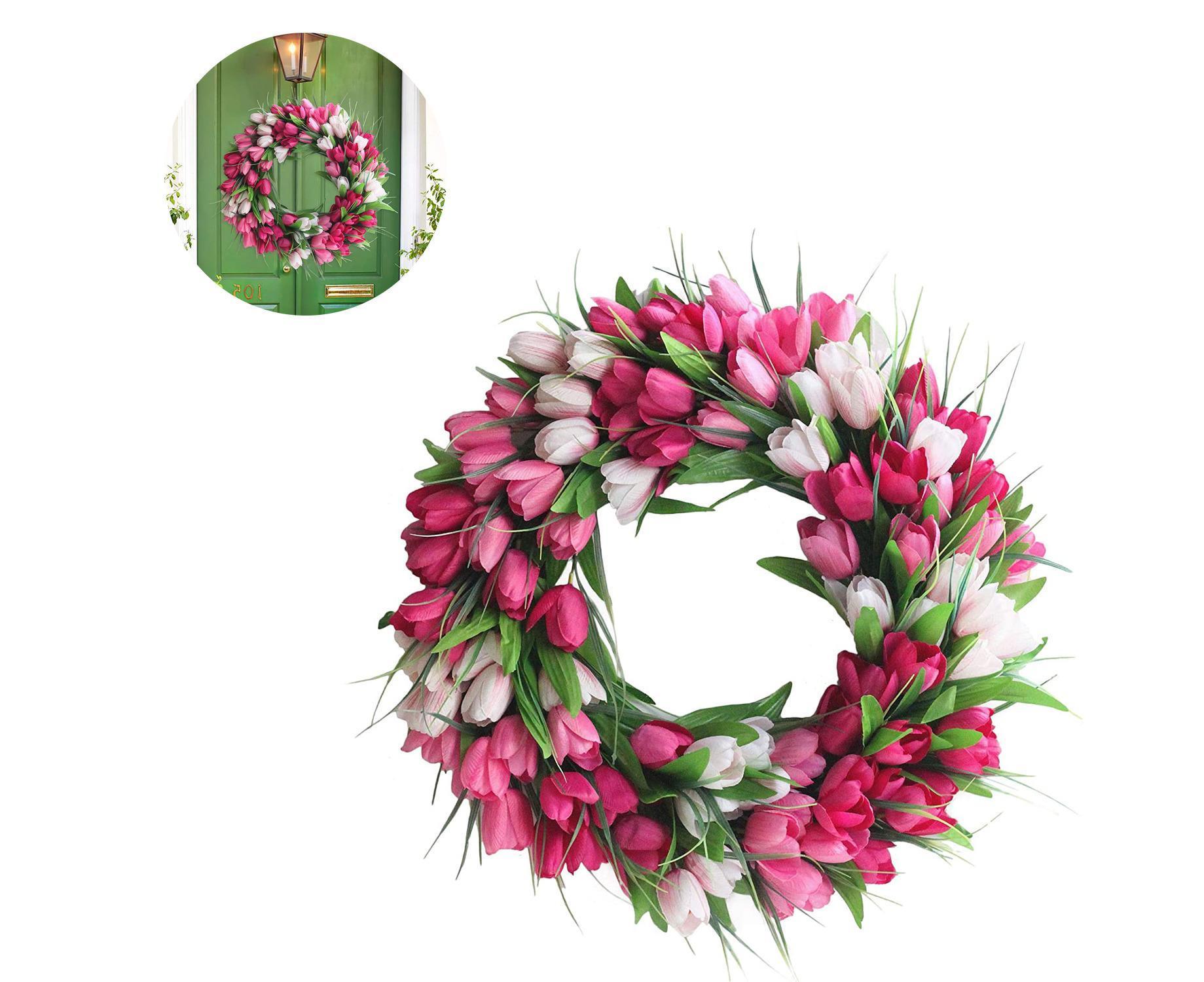 Artificial Tulip Flower Wreaths for Front Door Farmhouse Pink Wreath Spring Flower Branch Door Wreath for Outdoor Indoor Wall - Image 2