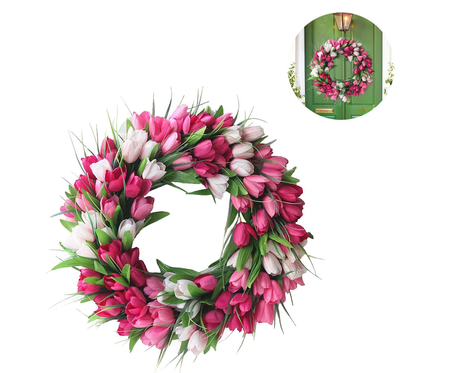 Artificial Tulip Flower Wreaths for Front Door Farmhouse Pink Wreath Spring Flower Branch Door Wreath for Outdoor Indoor Wall - Image 3