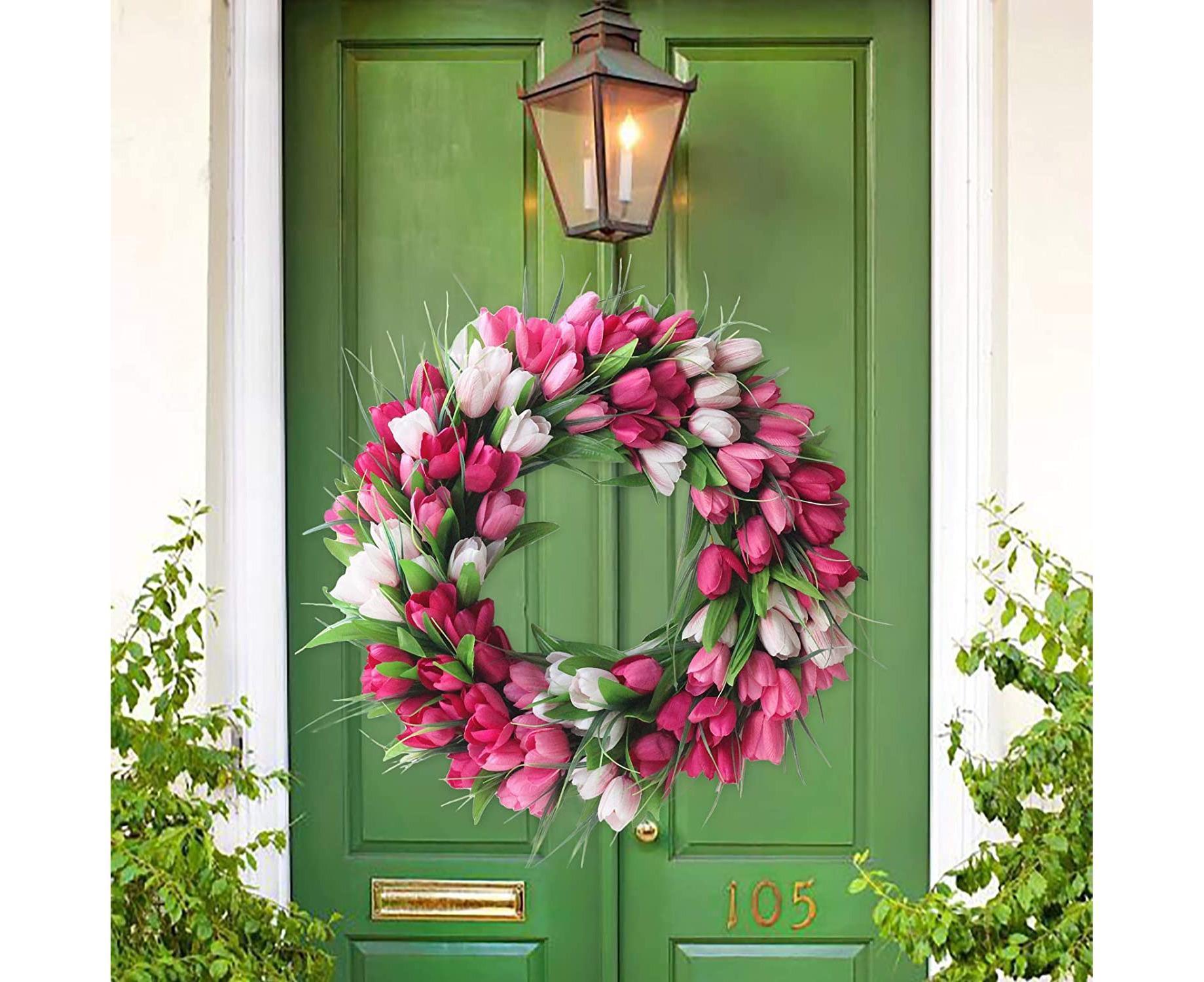 Artificial Tulip Flower Wreaths for Front Door Farmhouse Pink Wreath Spring Flower Branch Door Wreath for Outdoor Indoor Wall - Image 4