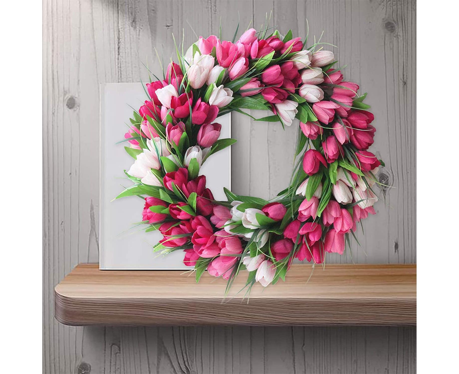 Artificial Tulip Flower Wreaths for Front Door Farmhouse Pink Wreath Spring Flower Branch Door Wreath for Outdoor Indoor Wall - Image 5