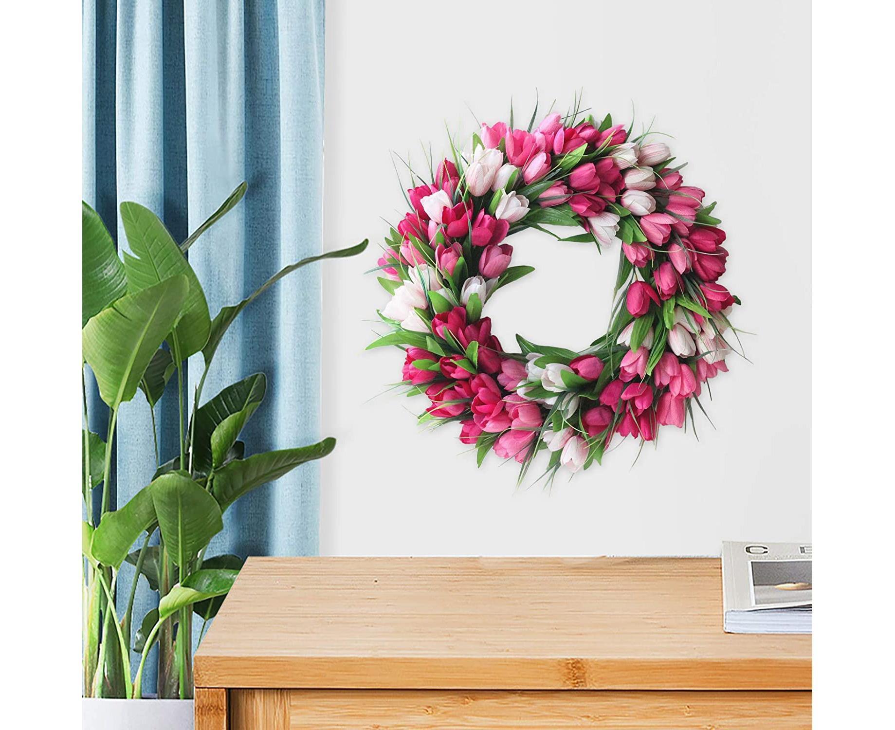 Artificial Tulip Flower Wreaths for Front Door Farmhouse Pink Wreath Spring Flower Branch Door Wreath for Outdoor Indoor Wall - Image 6