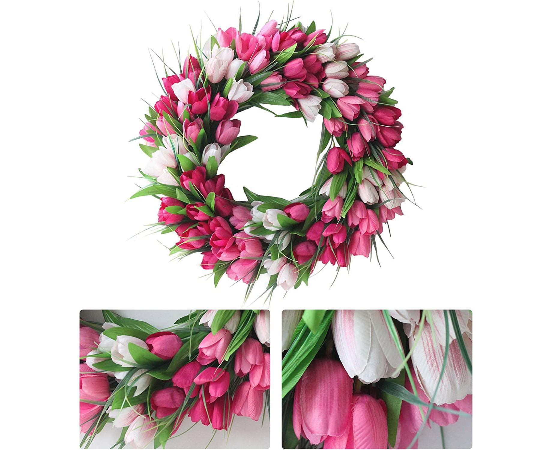 Artificial Tulip Flower Wreaths for Front Door Farmhouse Pink Wreath Spring Flower Branch Door Wreath for Outdoor Indoor Wall - Image 7
