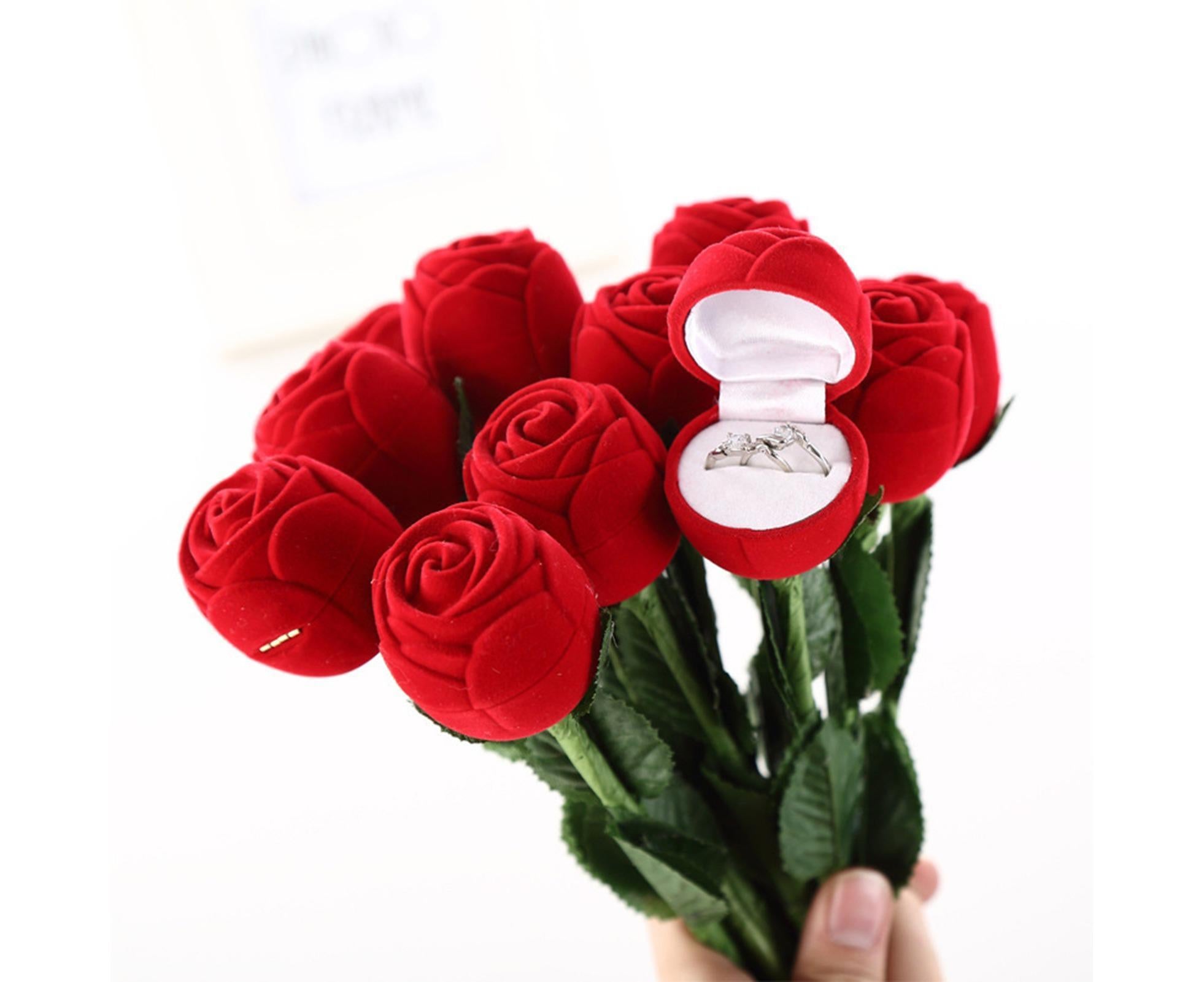 Beautiful Rose Shape Ring Box Romantic Decorative Fabric Ring Display Case Wedding Supplies - Red - Image 4