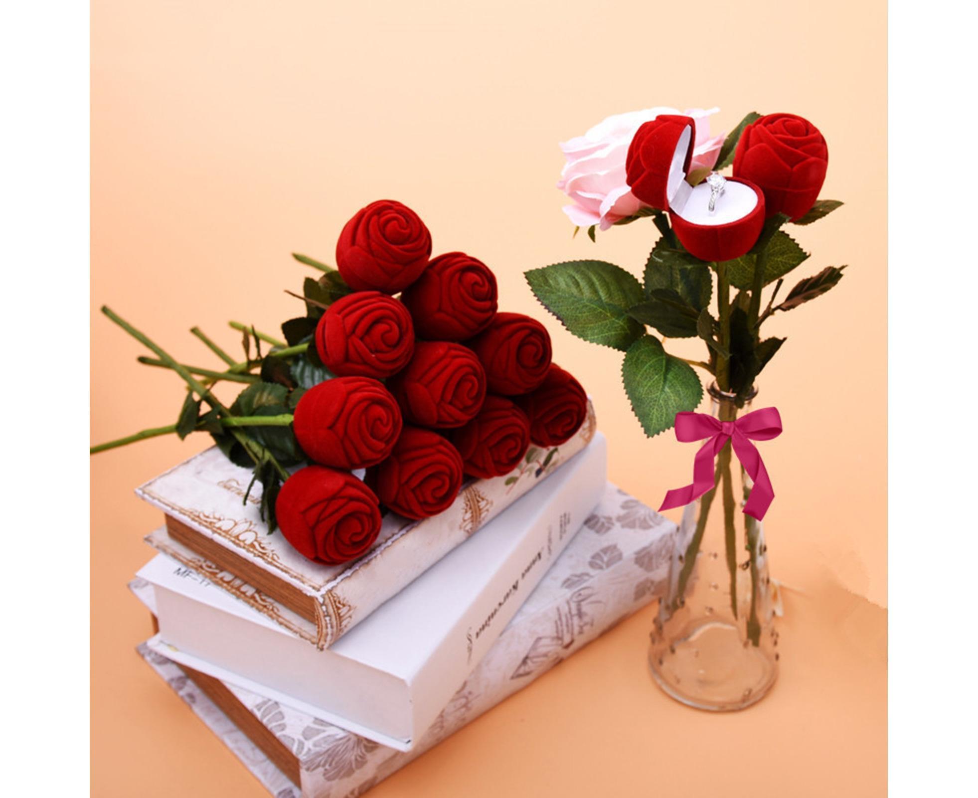 Beautiful Rose Shape Ring Box Romantic Decorative Fabric Ring Display Case Wedding Supplies - Red - Image 5