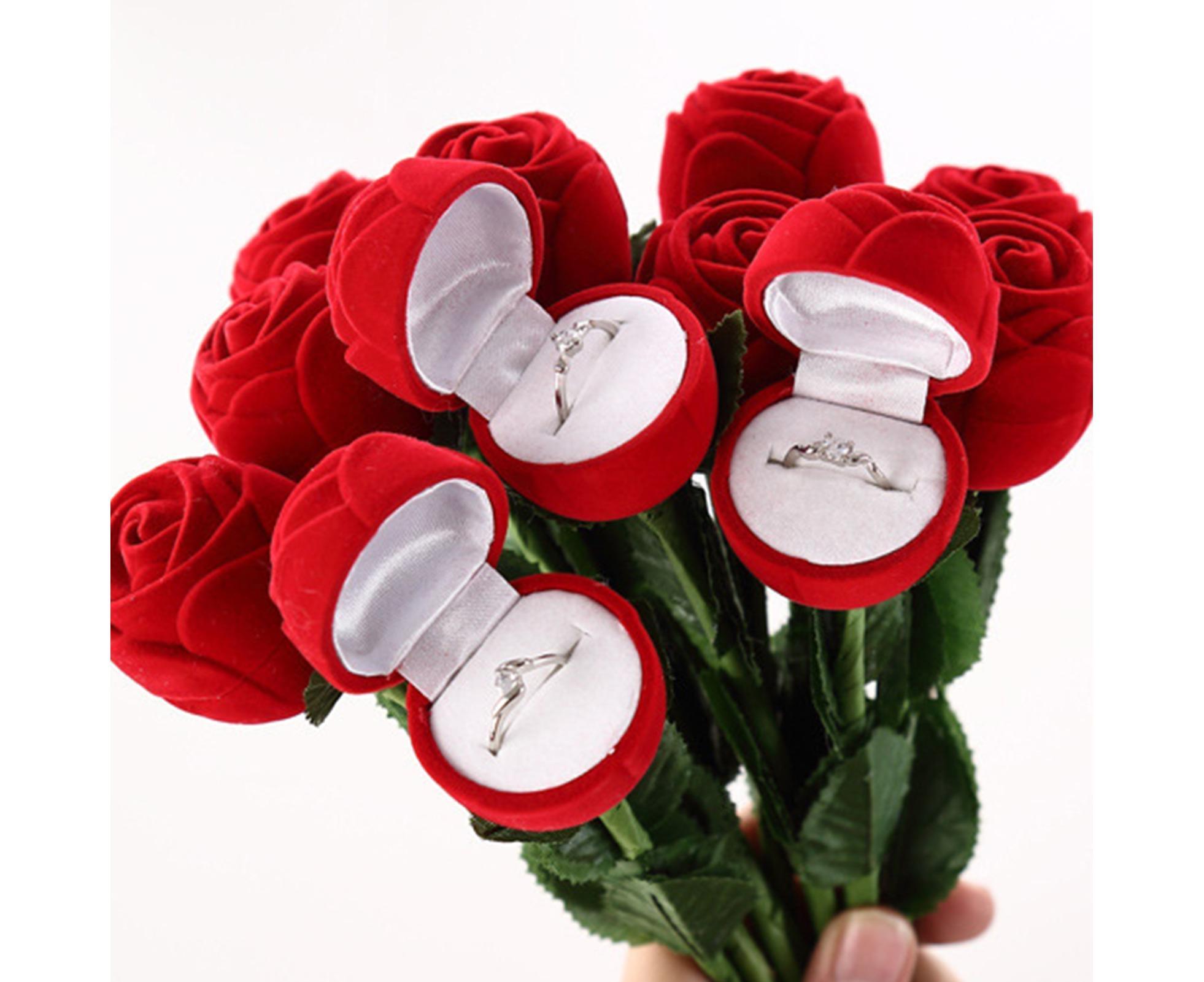Beautiful Rose Shape Ring Box Romantic Decorative Fabric Ring Display Case Wedding Supplies - Red - Image 8