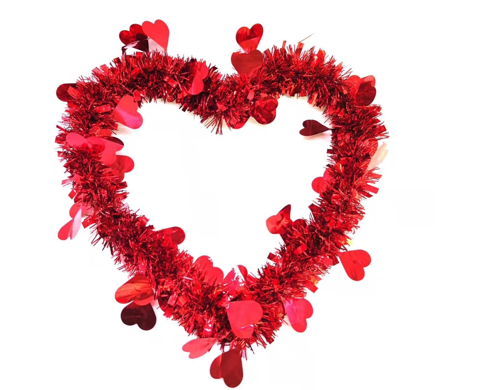 Door Hanging Wreath Romantic Heart Shape Tinsel Anti-fade Valentines Day Wreath Ornament Photography Props - Red - Image 1