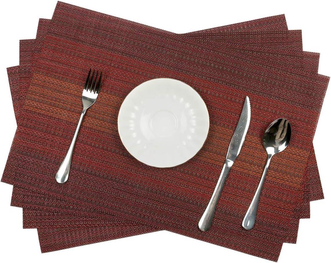 Placemats Set Of 6 For Dining Table Washable Woven Vinyl Placemats Non-Slip Heat Resistant Kitchen Table Mats Easy To Clean (Set Of 6)- Red - Image 5