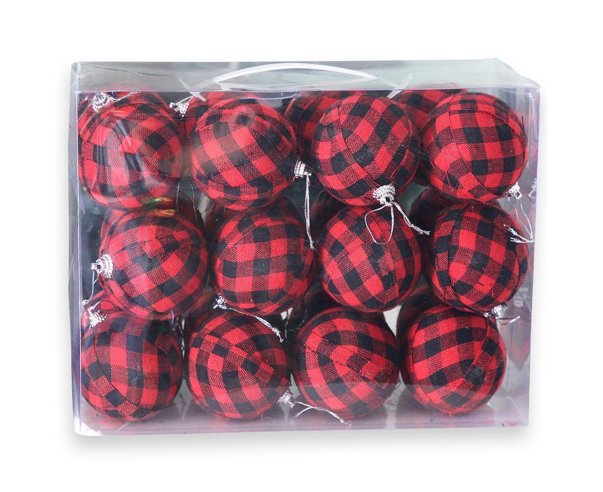 Plaid Ball Ornaments Christmas Decor Fabric Wrapped Balls Xmas Holiday For Home Decoration,Red And Black Plaid-24/Box - Image 1