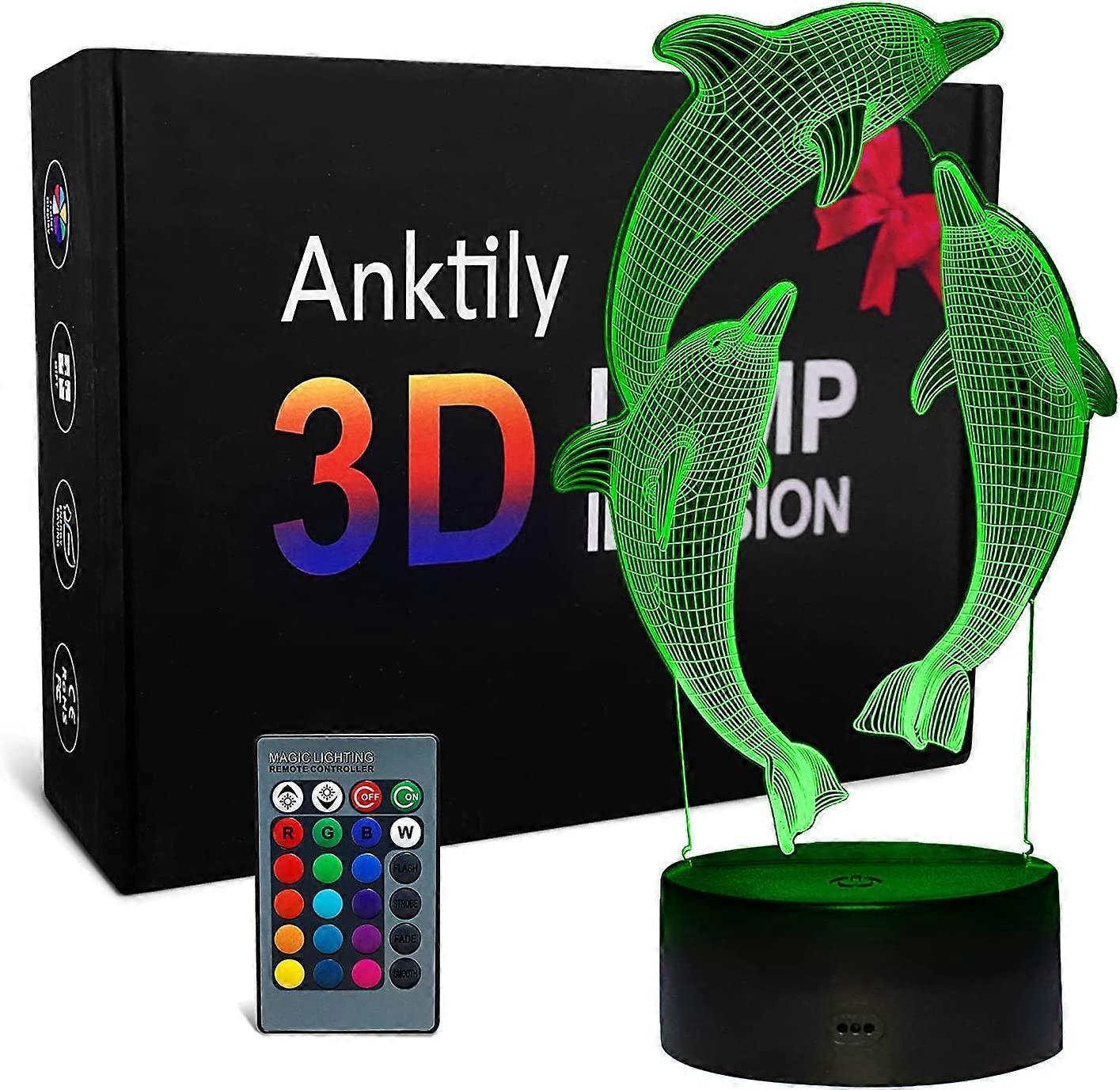 3D Dolphin Night Light LED Optical Illusion Night Light babies Table Bedside Lamp 16 Colors and Remote Control Birthday Christmas Gifts - Image 1
