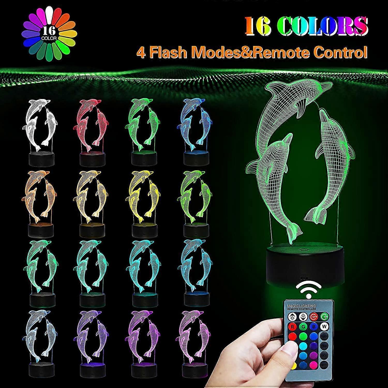 3D Dolphin Night Light LED Optical Illusion Night Light babies Table Bedside Lamp 16 Colors and Remote Control Birthday Christmas Gifts - Image 2