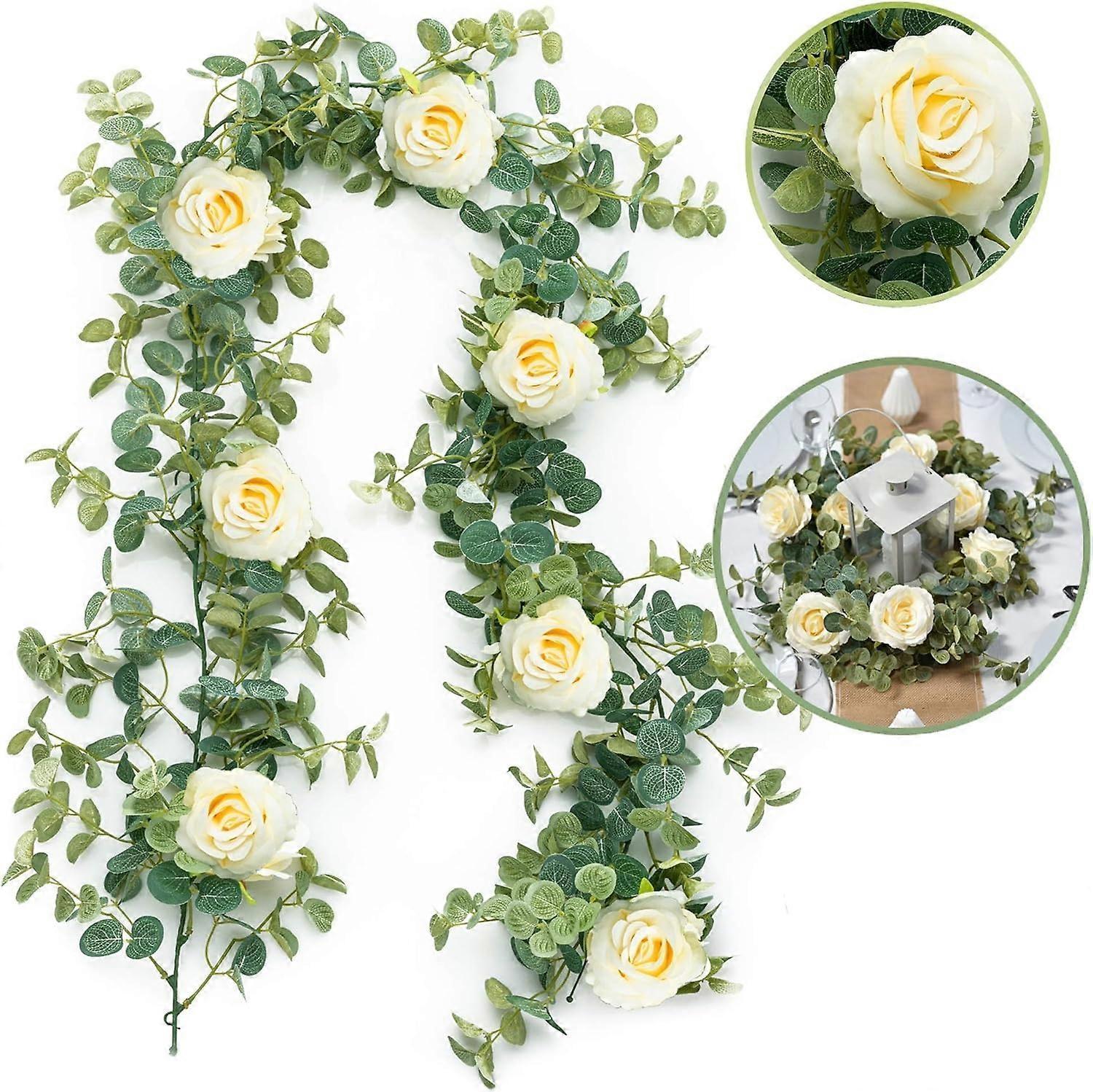 Artificial Eucalyptus Garland with Flowers Champagne Roses Long Fake Flower Garland Eucalyptus Leaves Greenery Garland - Image 1