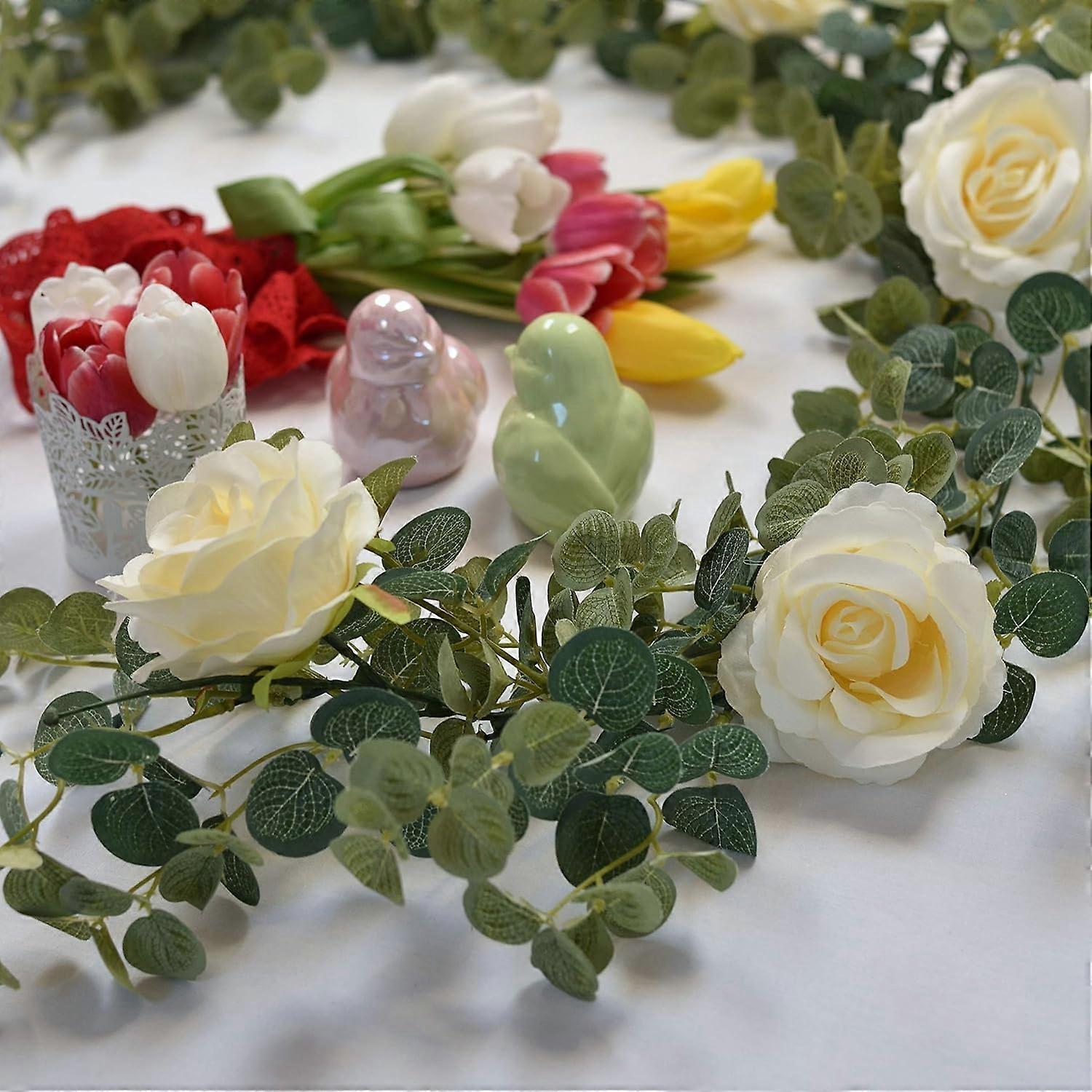 Artificial Eucalyptus Garland with Flowers Champagne Roses Long Fake Flower Garland Eucalyptus Leaves Greenery Garland - Image 2