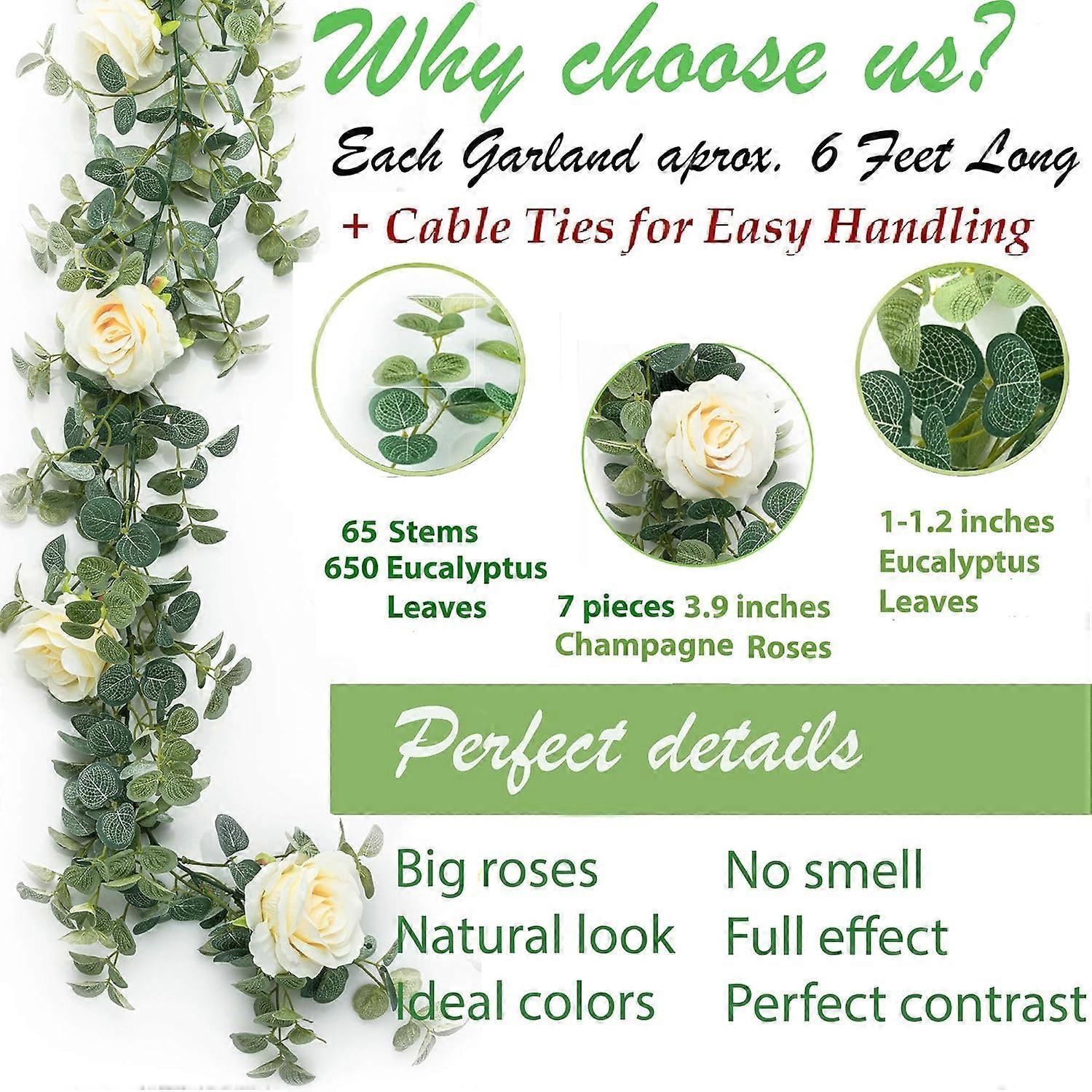Artificial Eucalyptus Garland with Flowers Champagne Roses Long Fake Flower Garland Eucalyptus Leaves Greenery Garland - Image 3