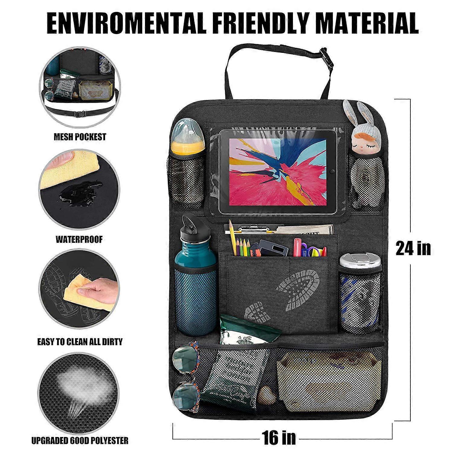 Car Back Organizer with Touch Screen Tablet Holder + 9 Storage Pockets Kick Mats Back Protectors Great Travel Accessories - Image 4