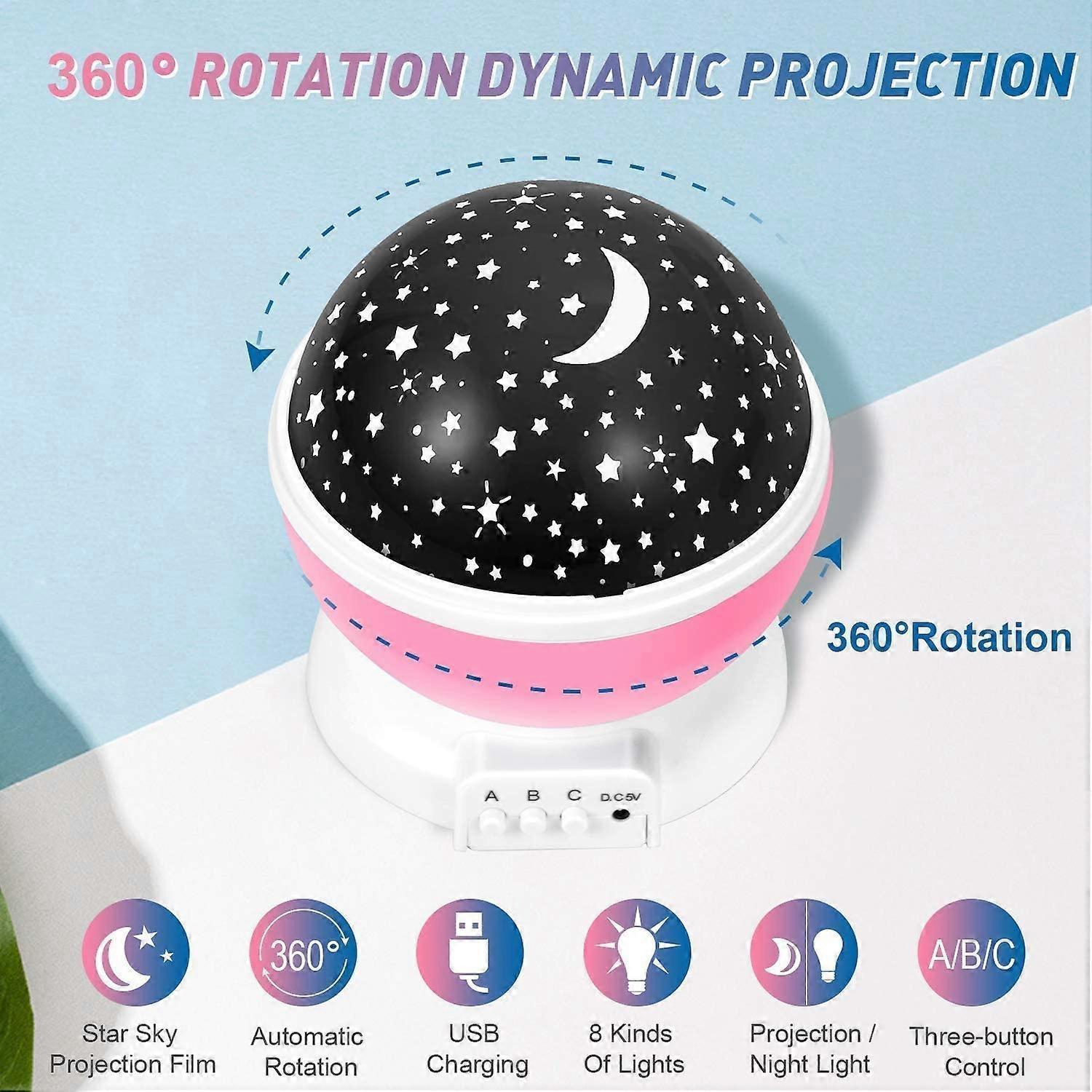 Babies Night Light Moon Star Projector - USB Cable 360 Degree Rotation Romantic Night Lighting LED Night Light for Decoration (Pink) - Image 2