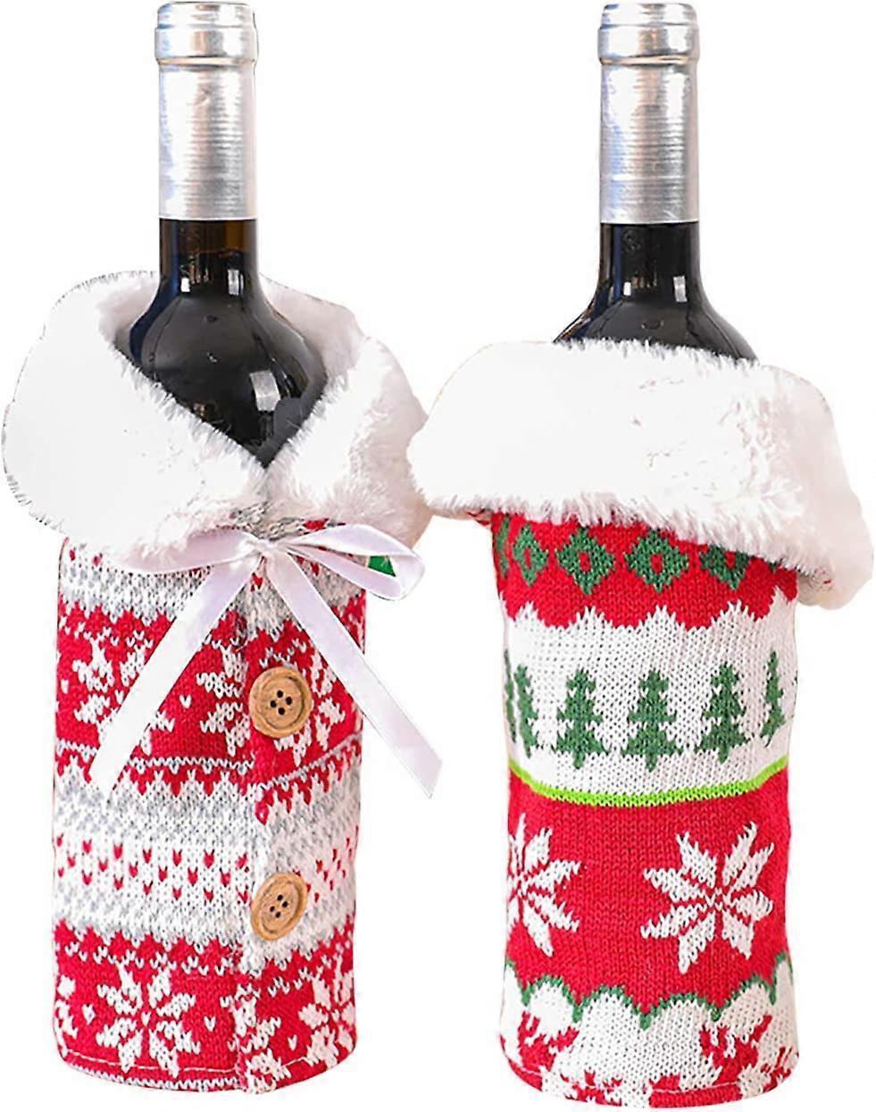 Wrap the knitted wine bottle sleeves with a faux fur collar for Christmas decorations - Image 1