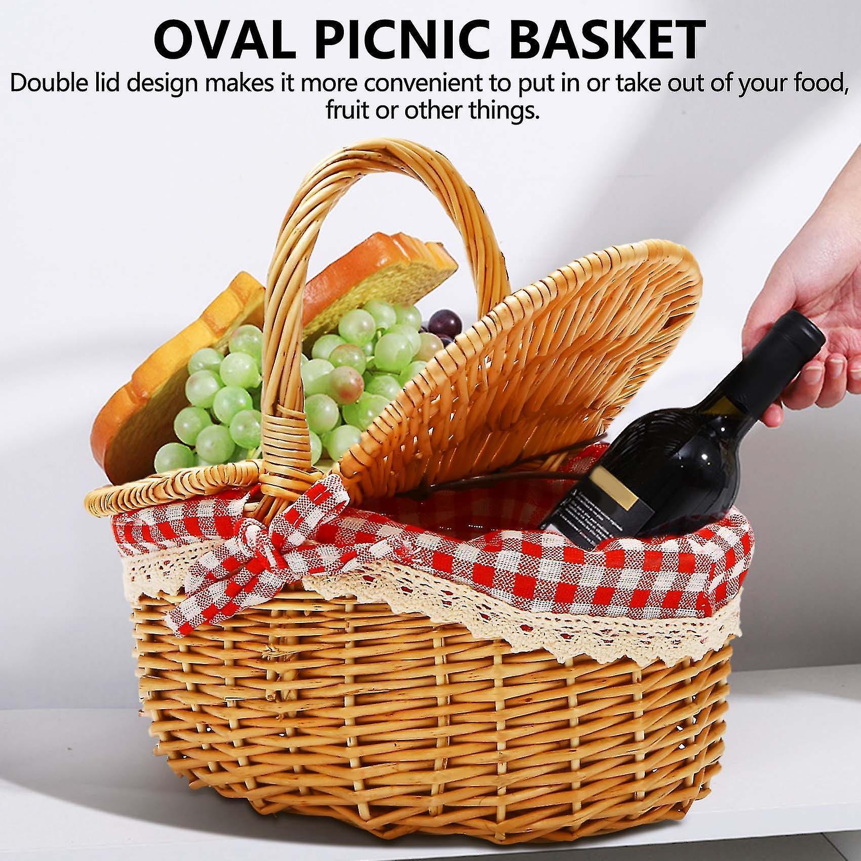Country Style Wicker Picnic Basket Hamper With Lid And Handle & Liners For Picnic, Parties - Image 2