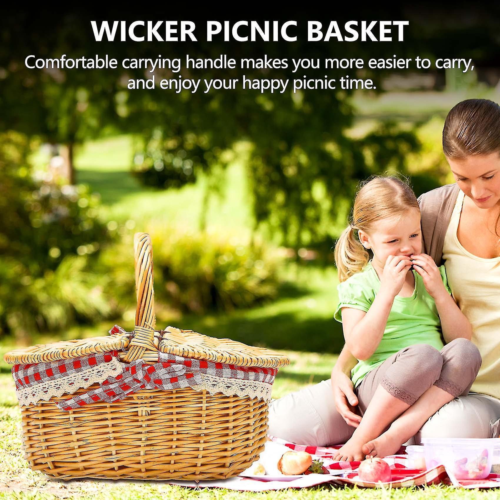 Country Style Wicker Picnic Basket Hamper With Lid And Handle & Liners For Picnic, Parties - Image 3