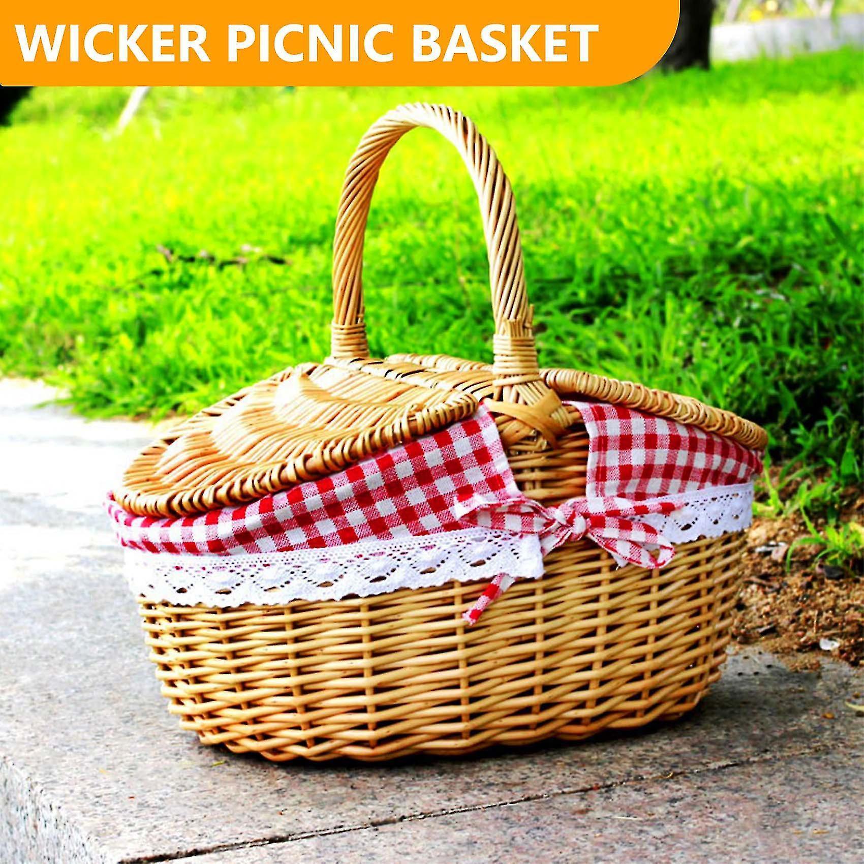 Country Style Wicker Picnic Basket Hamper With Lid And Handle & Liners For Picnic, Parties - Image 5