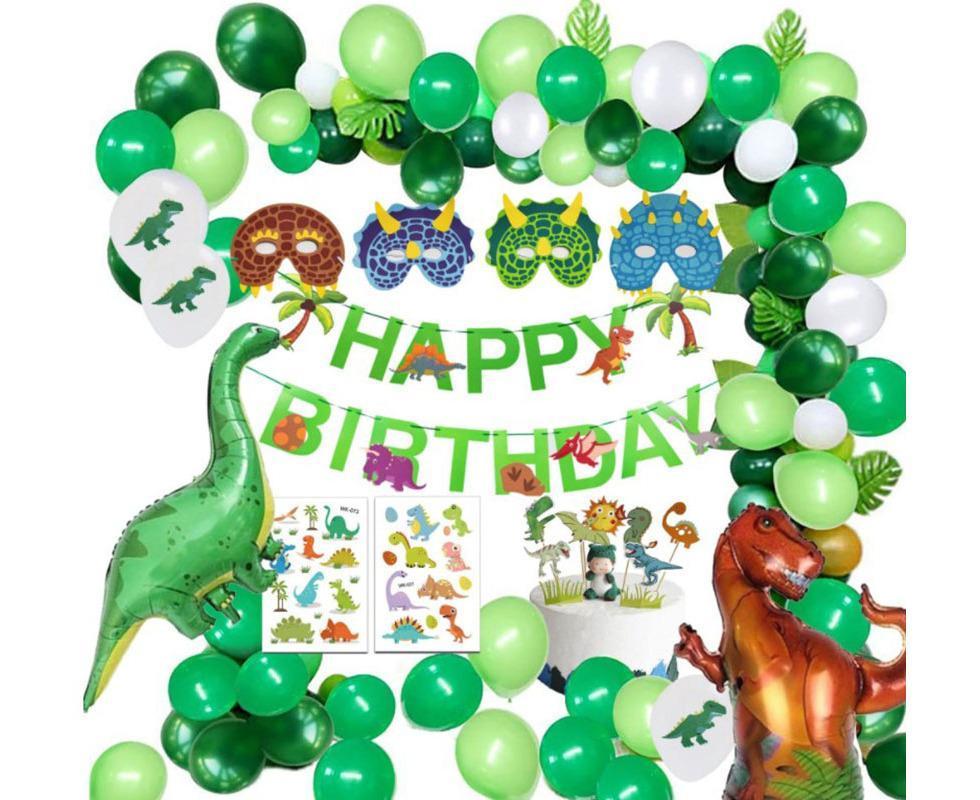 Dinosaur birthday Decoration set, happy birthday garland and large dinosaur foil balloons with cake topper - Image 1