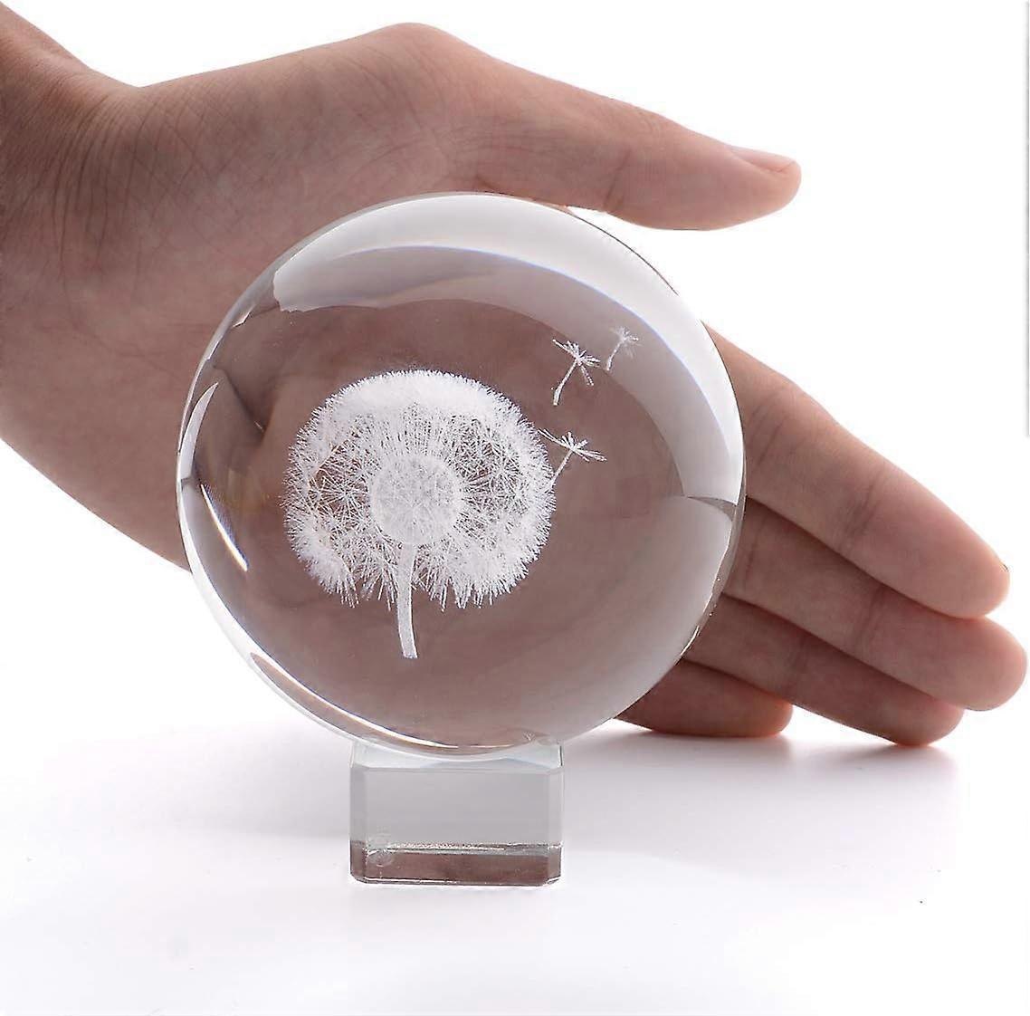 3D Dandelion Crystal Ball PaperweightLaser Engraved Glass Sphere Display Globe Meditation Ball Home Decor with Crystal Stand - Image 1